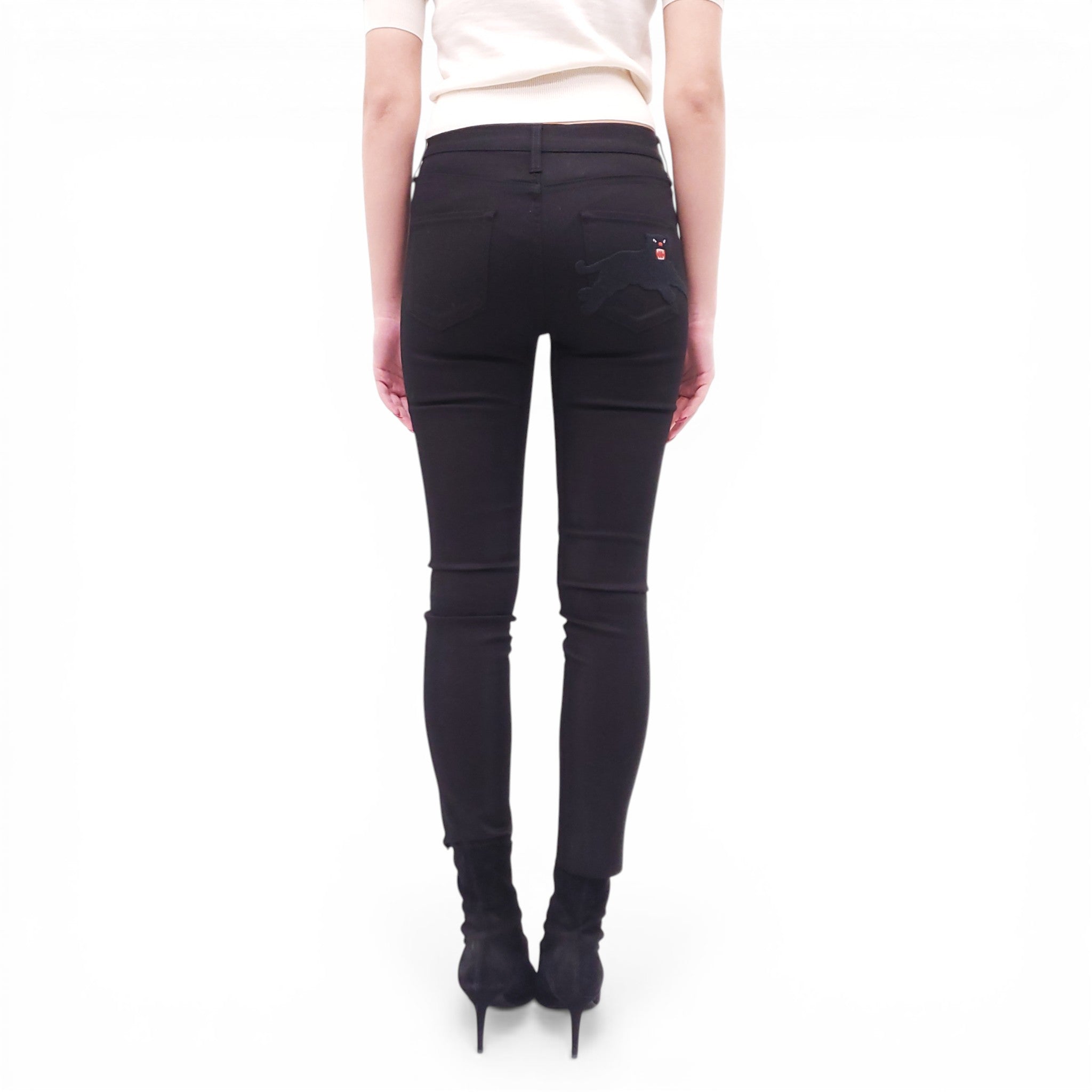 GUCCI BLACK JEANS WITH EMBROIDERED PANTHER DETAIL - SIZE 27