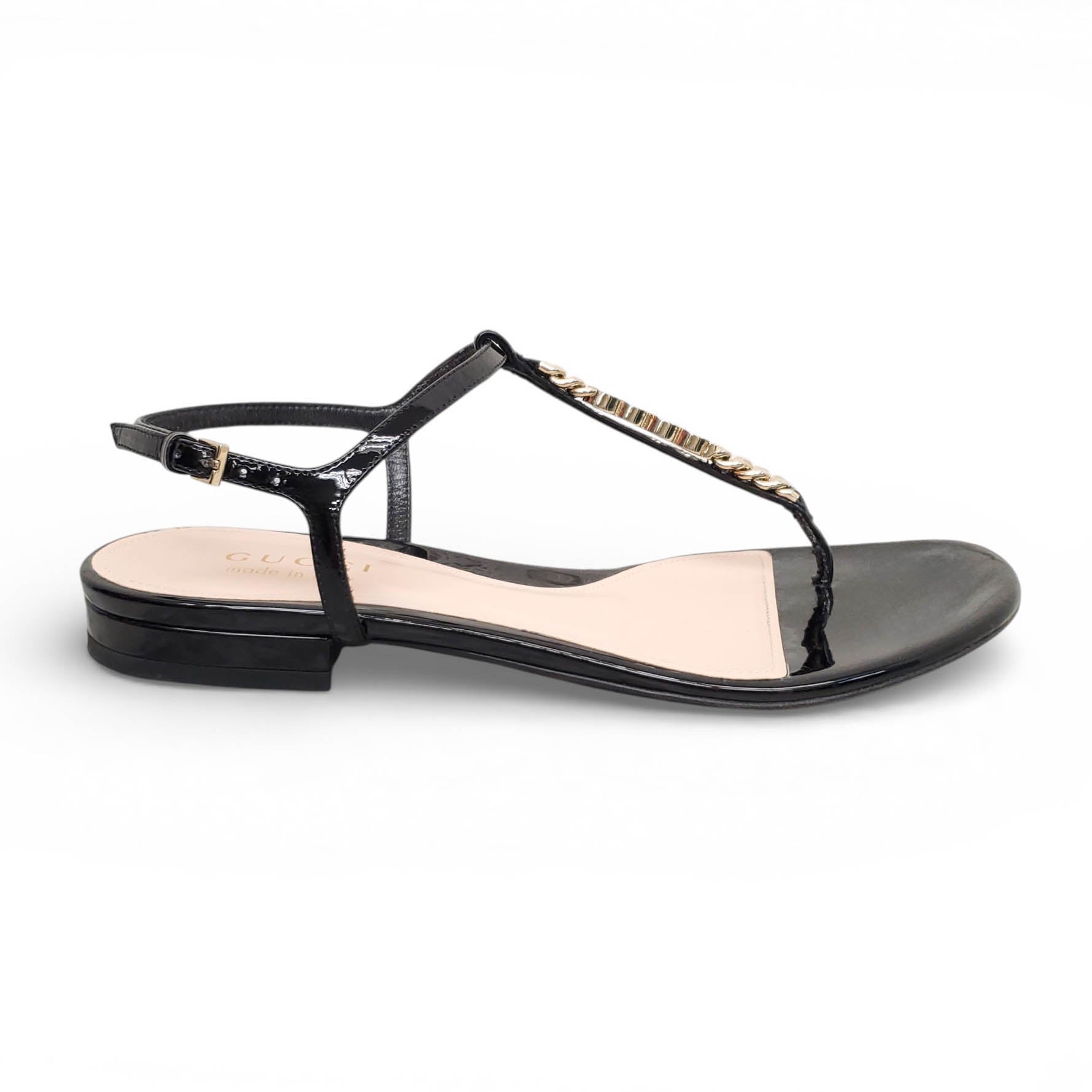 GUCCI BLACK PATENT CHAIN LOGO SANDALS - SIZE 35.5