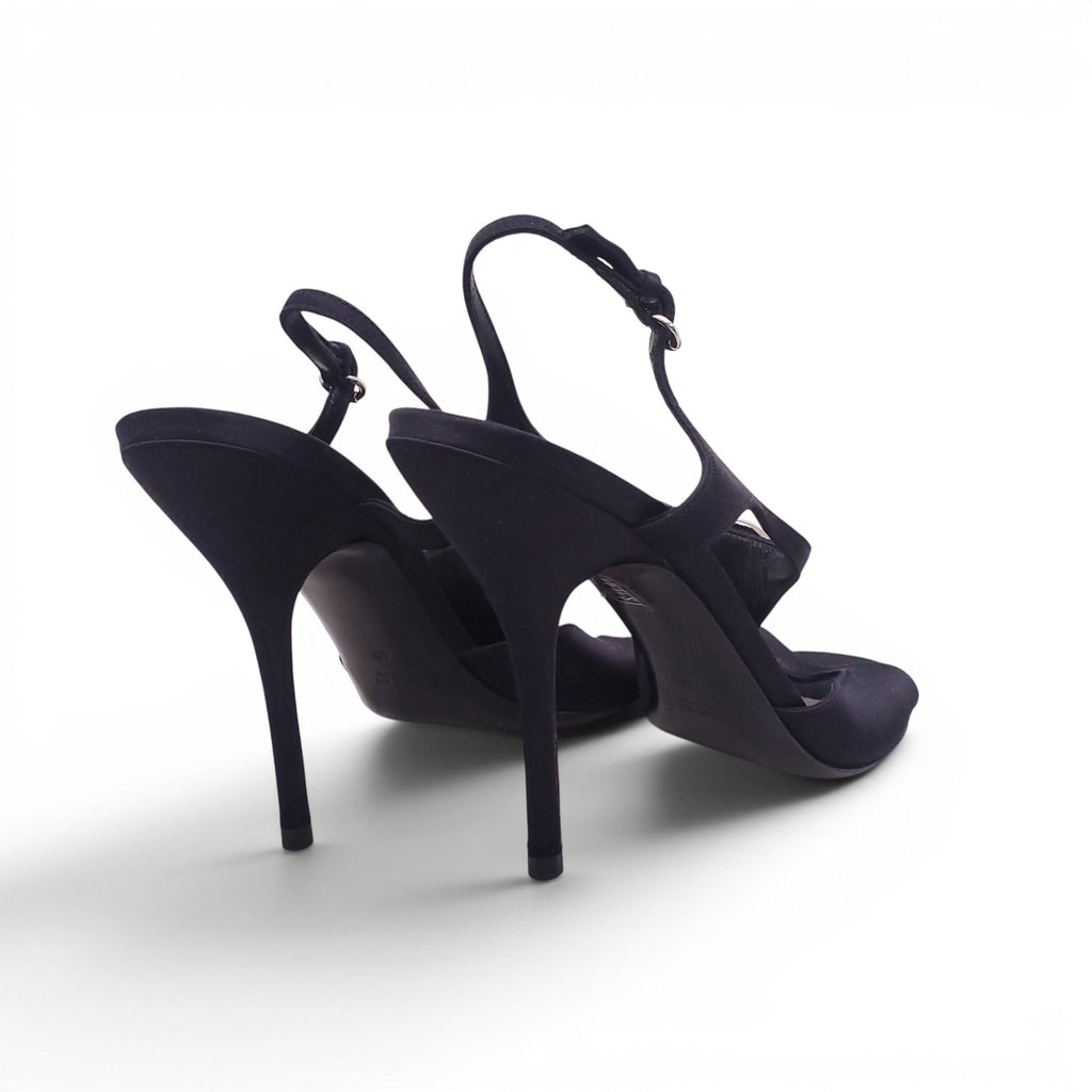 GUCCI BLACK SATIN HEELS WITH CRYSTAL EMBLEM DETAIL - SIZE 40