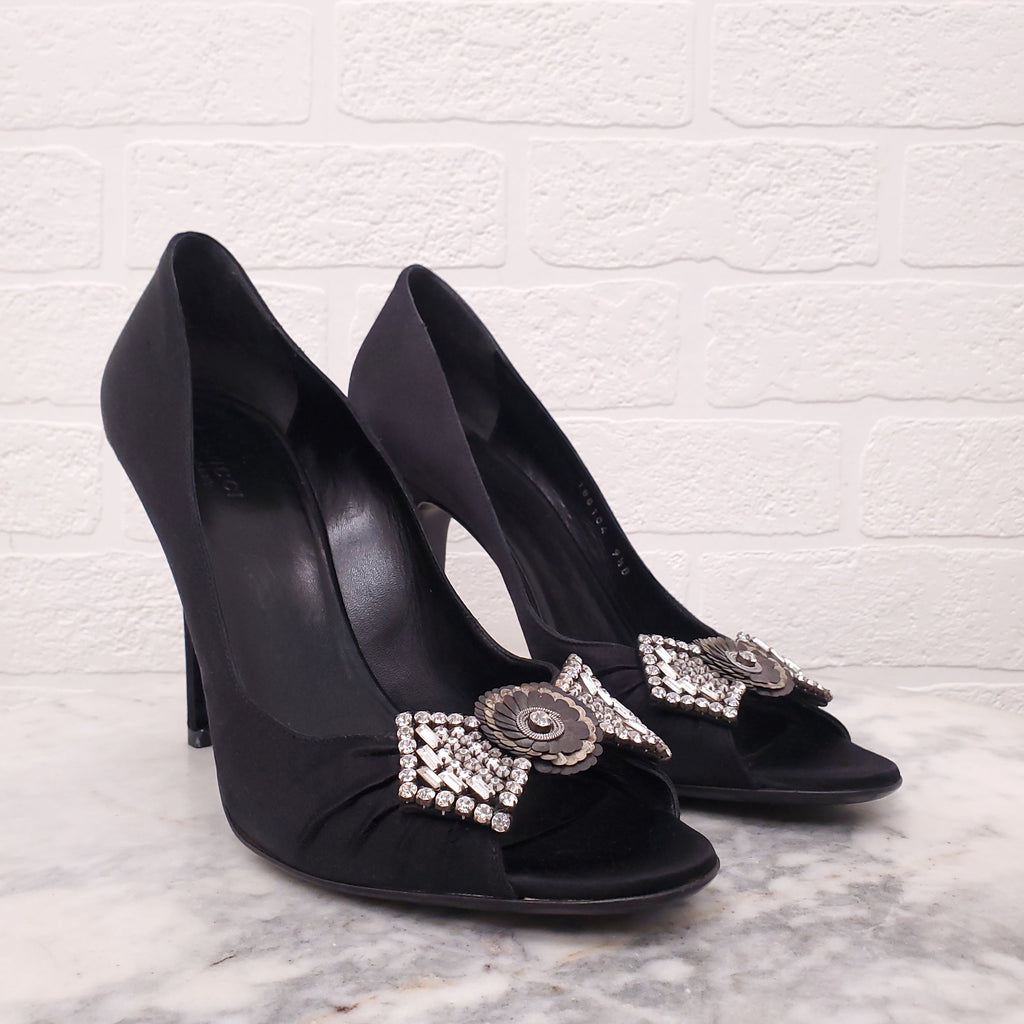 GUCCI BLACK SATIN PEEP TOTE HEELS WITH CRYSTAL FLORAL DETAIL - SIZE 9.5B
