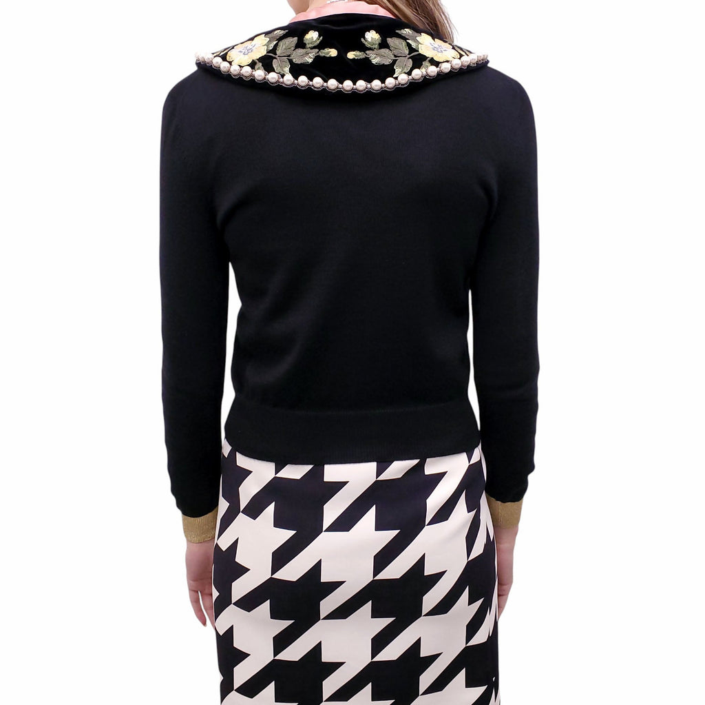 GUCCI BLACK SWEATER WITH REMOVABLE VELVET FLORAL PEARL EMBROIDERED COLLAR - SIZE XS