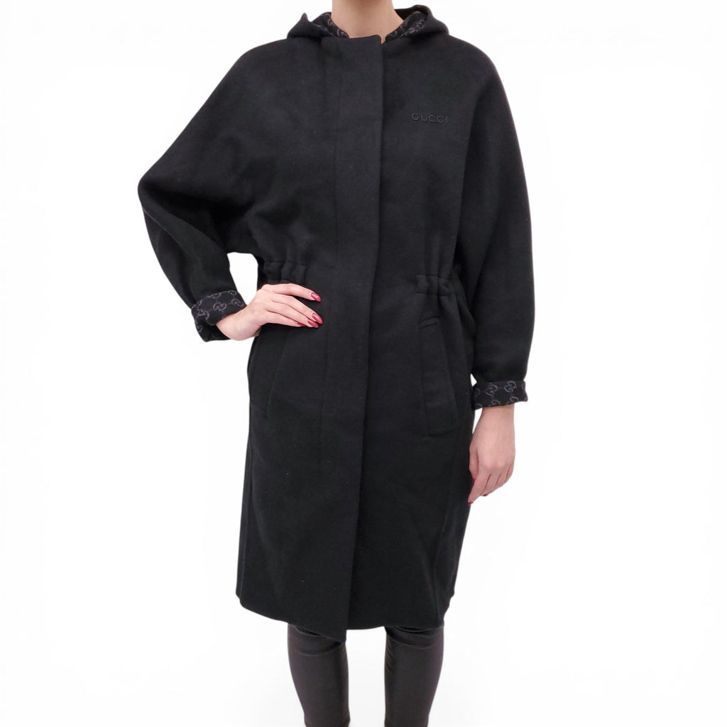 GUCCI BLACK WOOL COAT WITH MONOGRAM LINING - SIZE 38
