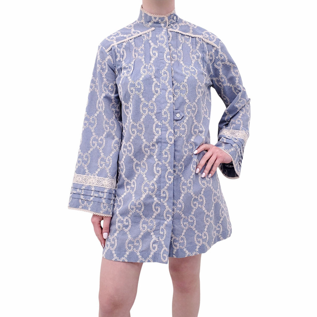 GUCCI BLUE EYELET LOGO BUTTON UP DRESS - SIZE L