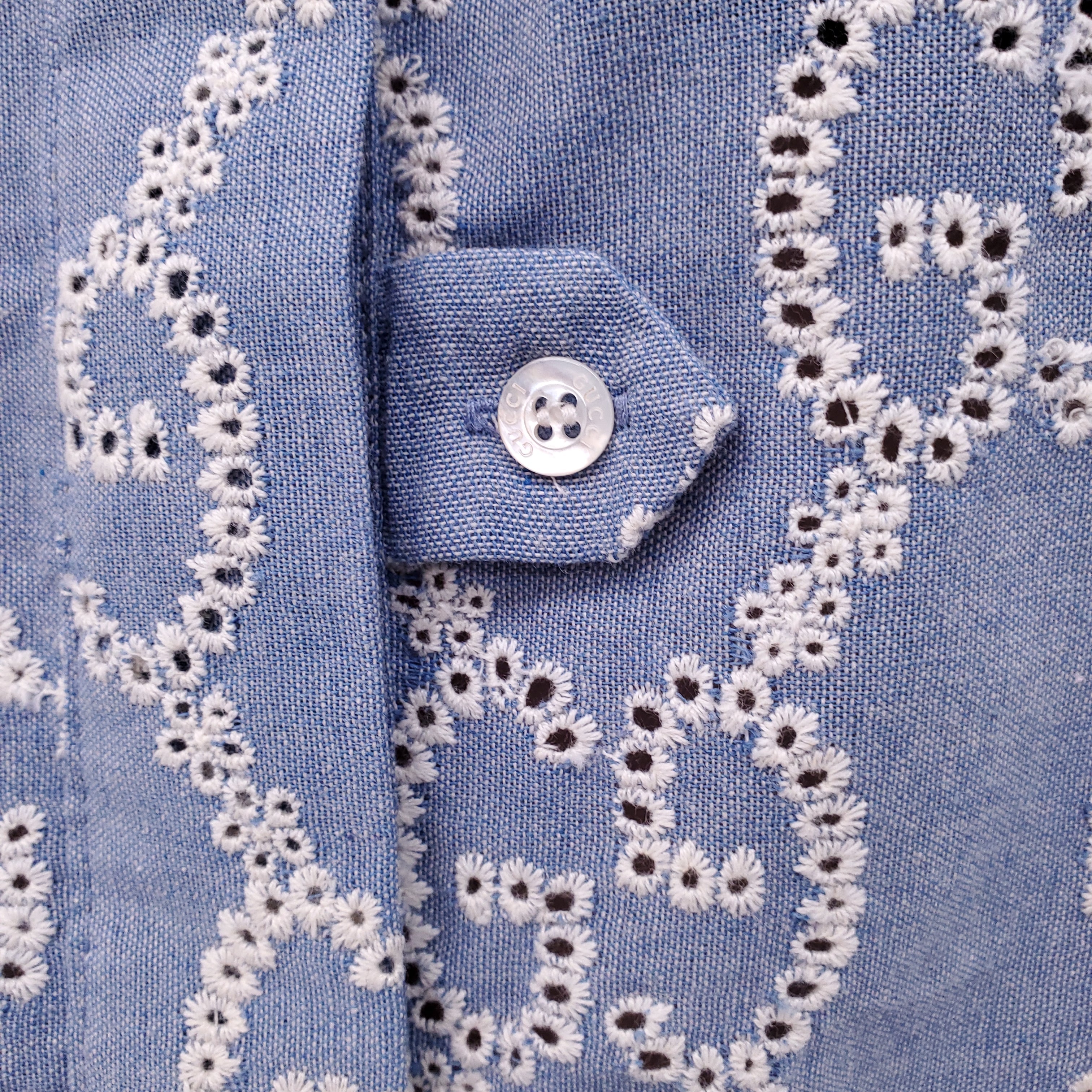 GUCCI BLUE EYELET LOGO BUTTON UP DRESS - SIZE L