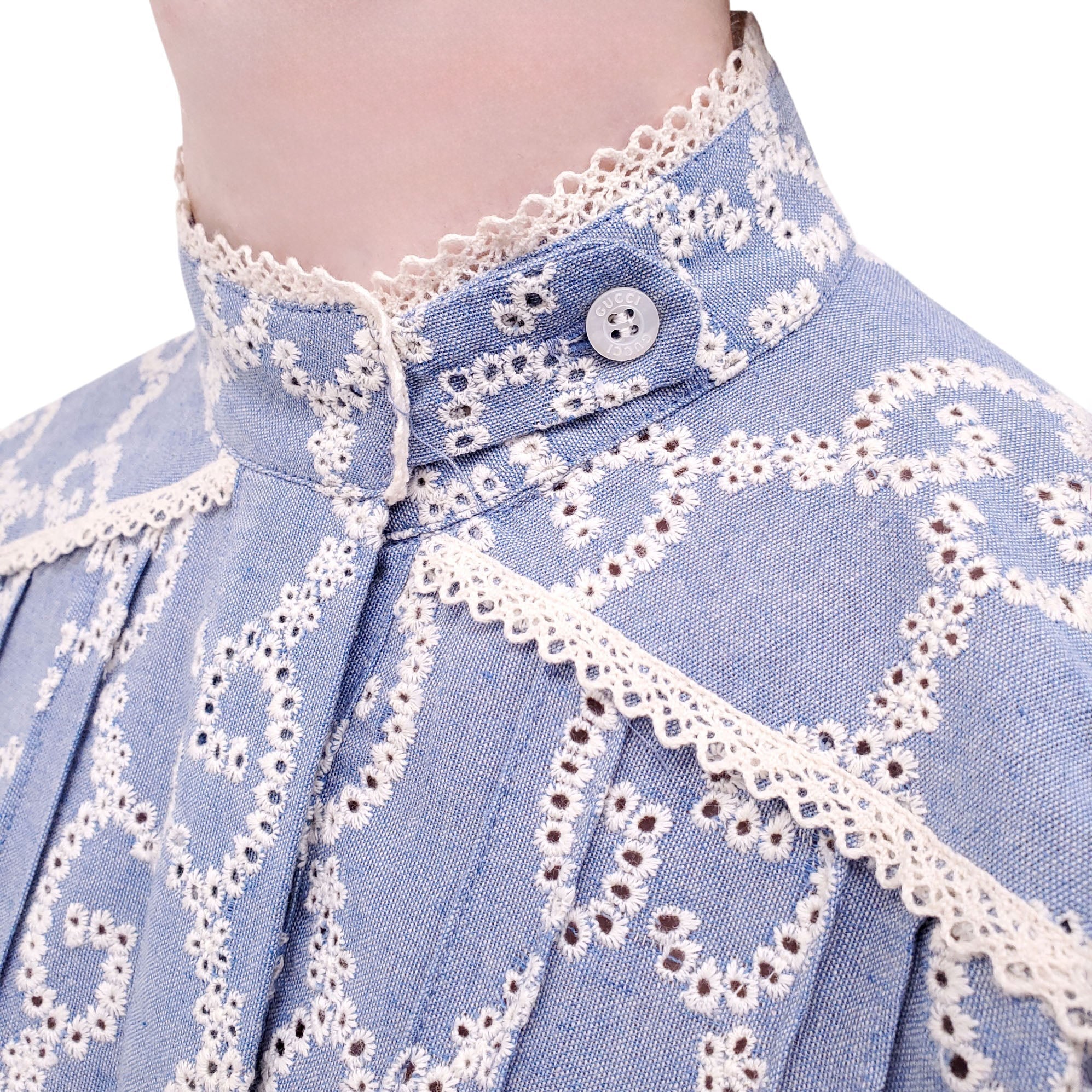 GUCCI BLUE EYELET LOGO BUTTON UP DRESS - SIZE L