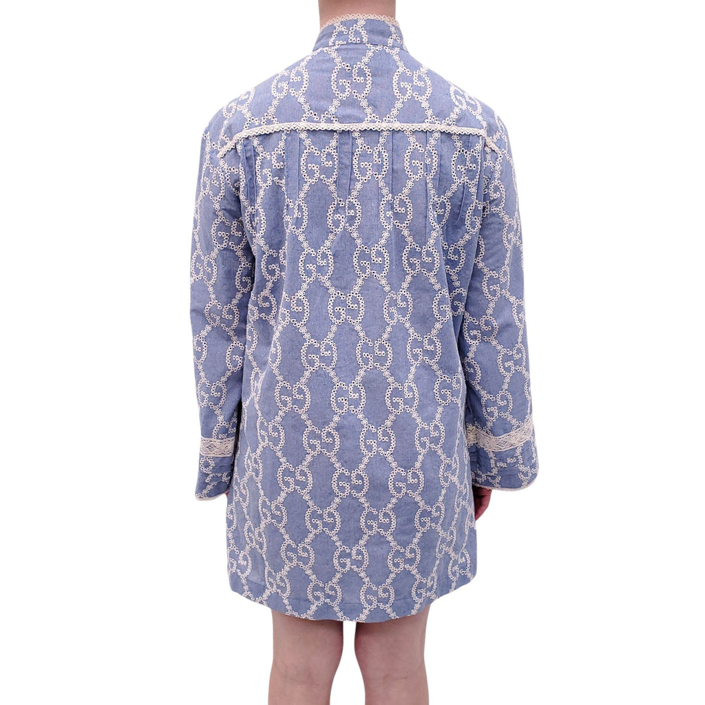 GUCCI BLUE EYELET LOGO BUTTON UP DRESS - SIZE L