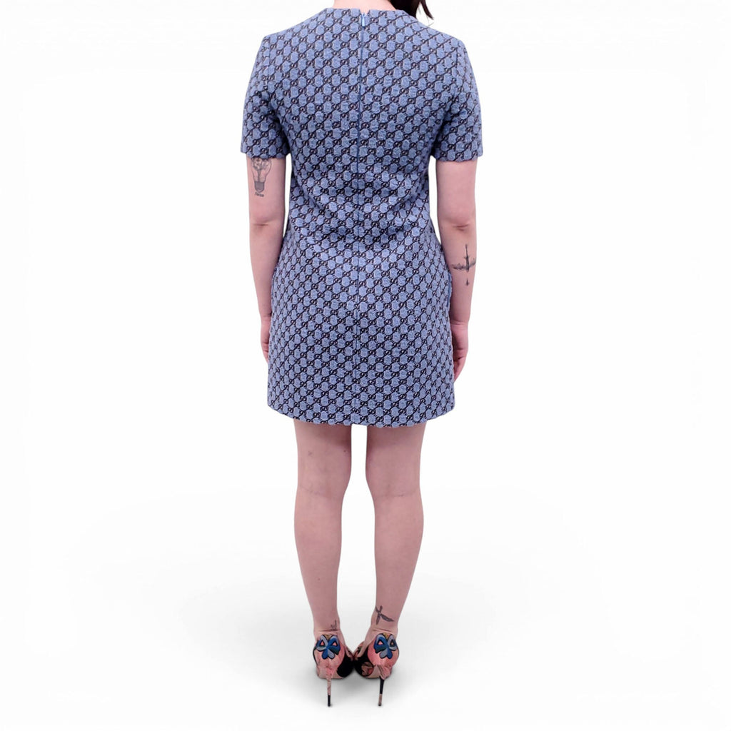 GUCCI BLUE TWEED MONOGRAM SHORT-SLEEVE DRESS WITH LOGO BUTTONS - SIZE 40