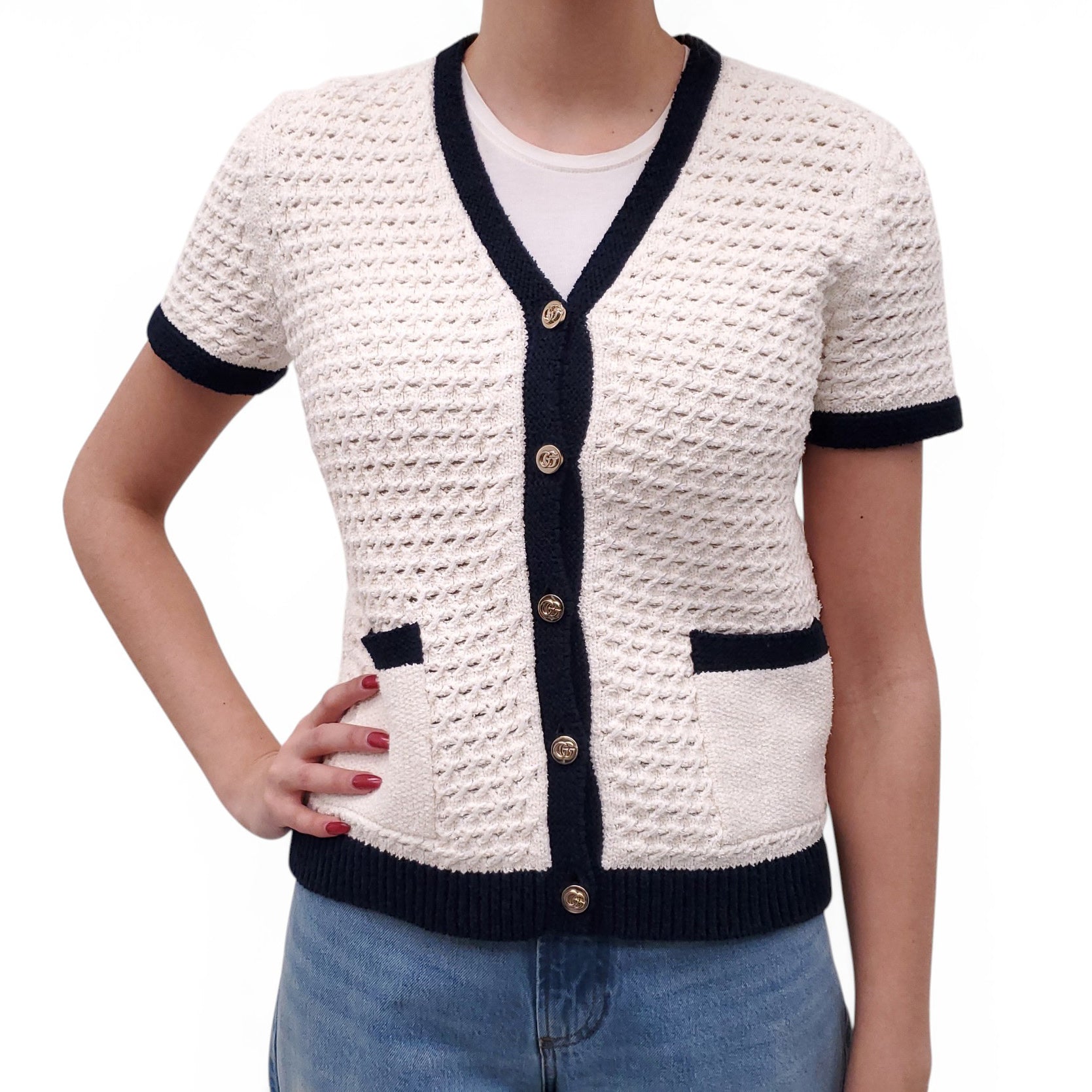 GUCCI CROCHET CREAM SHORT SLEEVE CARDIGAN - SIZE XS
