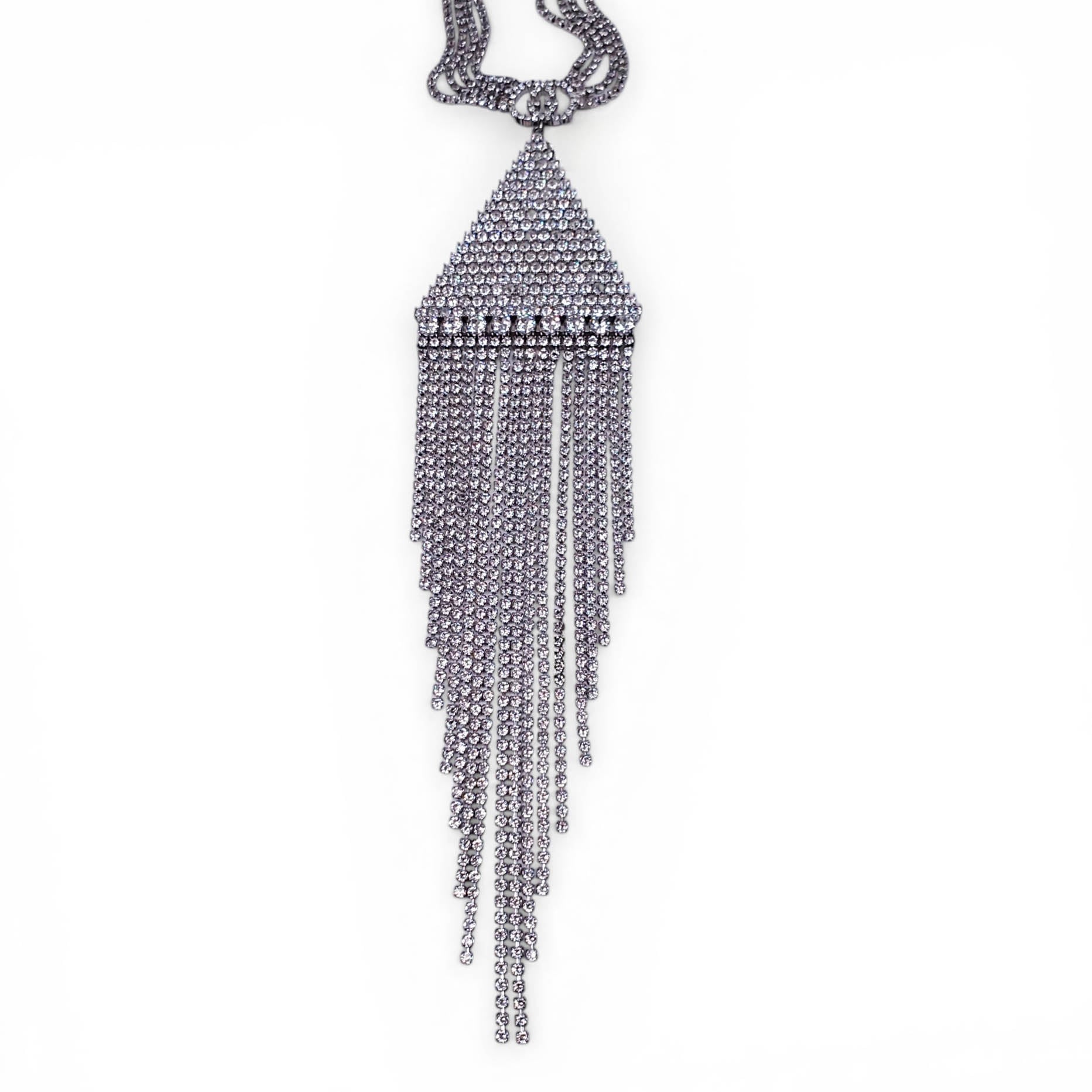GUCCI CRYSTAL LOGO TRAINGLE FRINGE NECKLACE