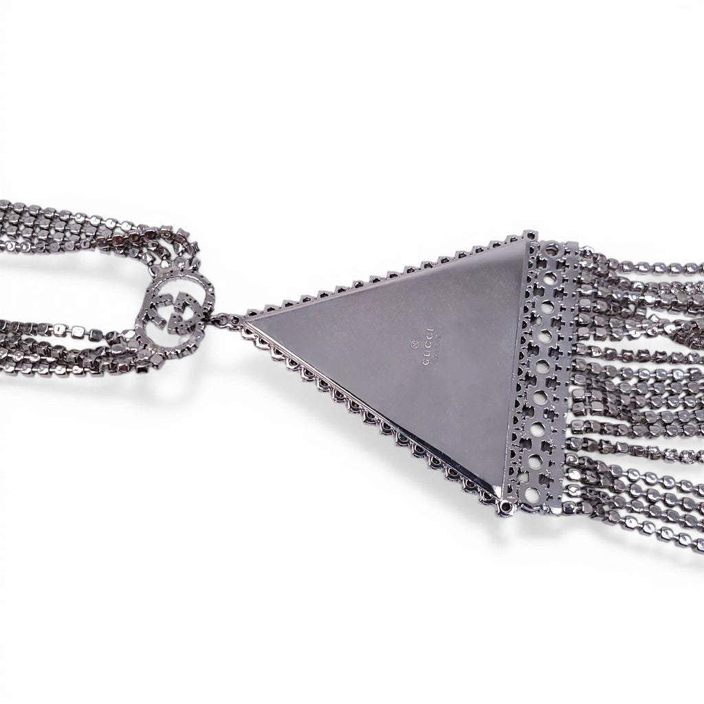 GUCCI CRYSTAL LOGO TRAINGLE FRINGE NECKLACE