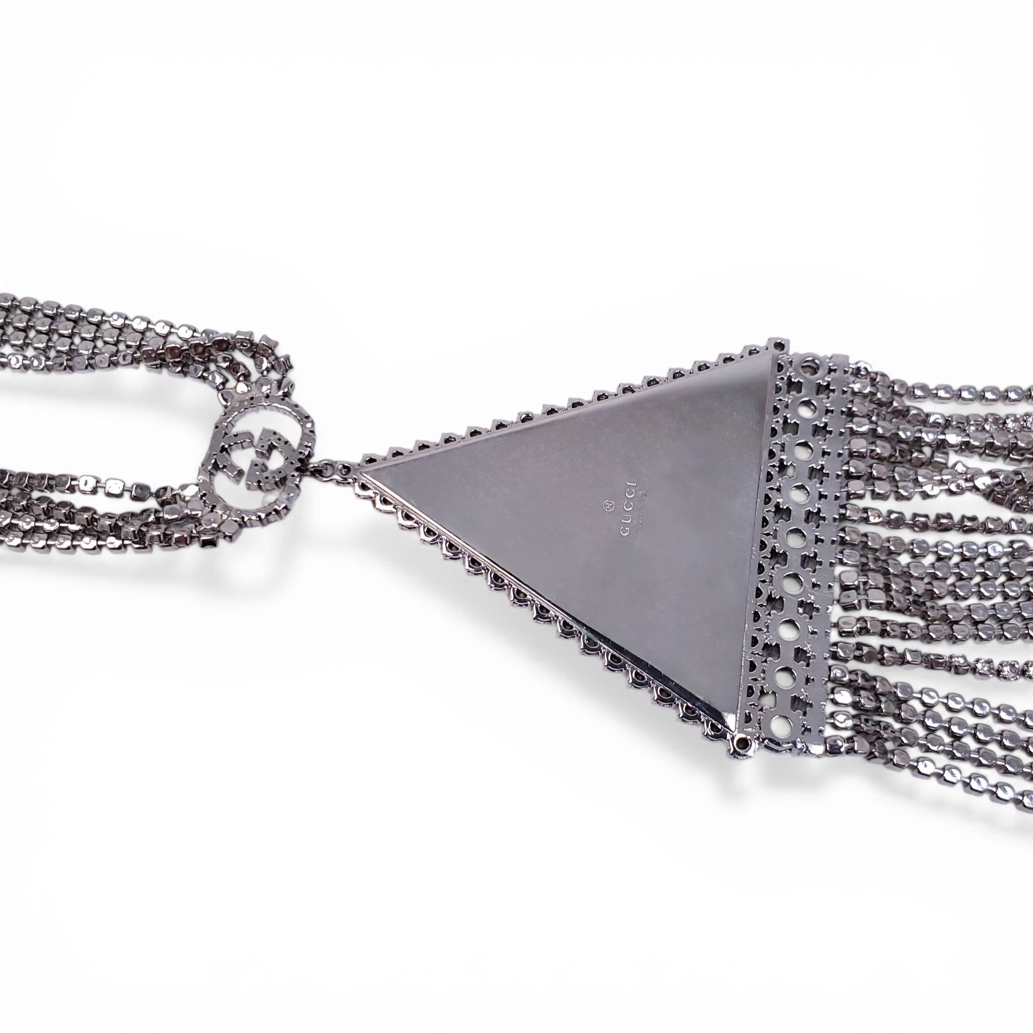 GUCCI CRYSTAL LOGO TRAINGLE FRINGE NECKLACE
