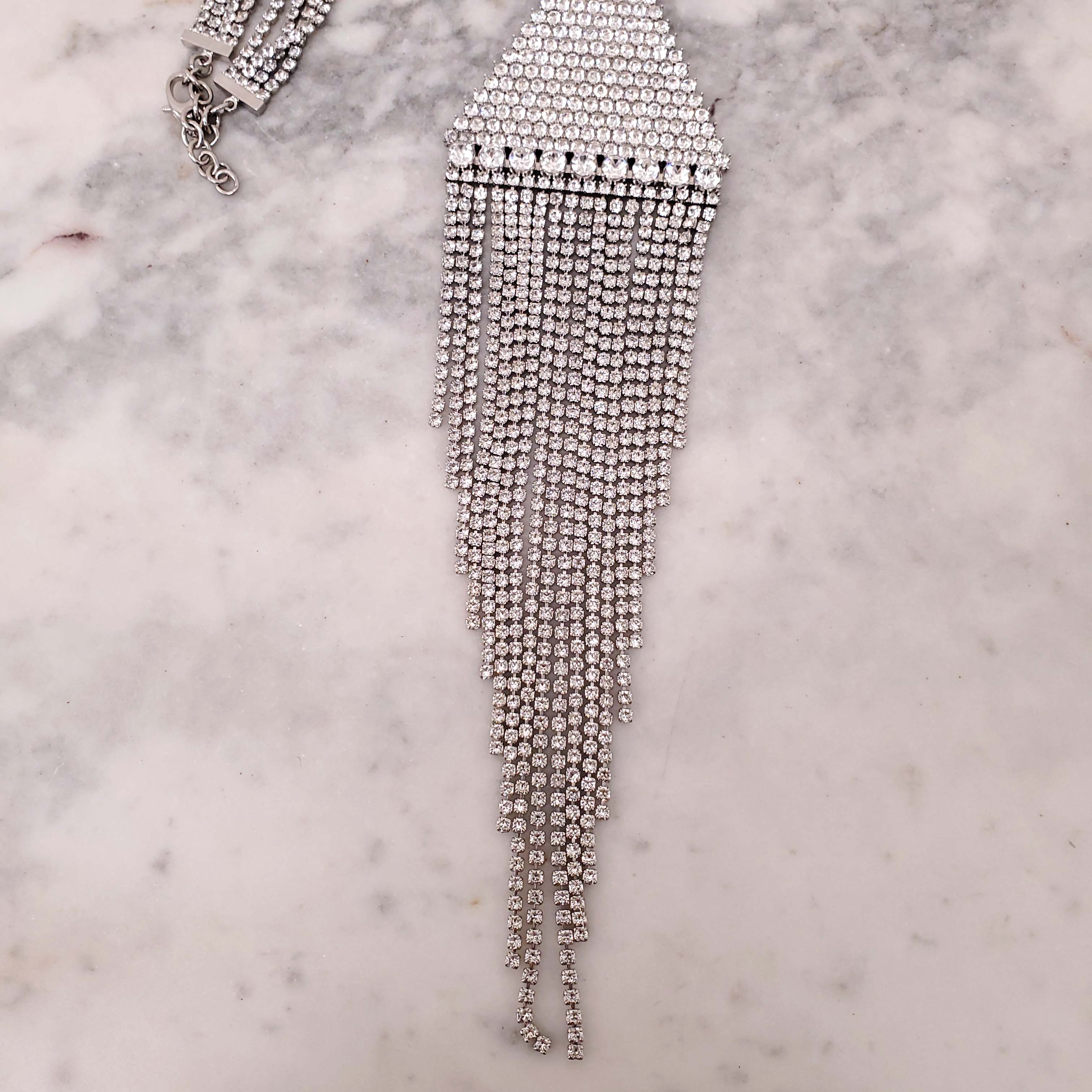 GUCCI CRYSTAL LOGO TRIANGLE FRINGE NECKLACE