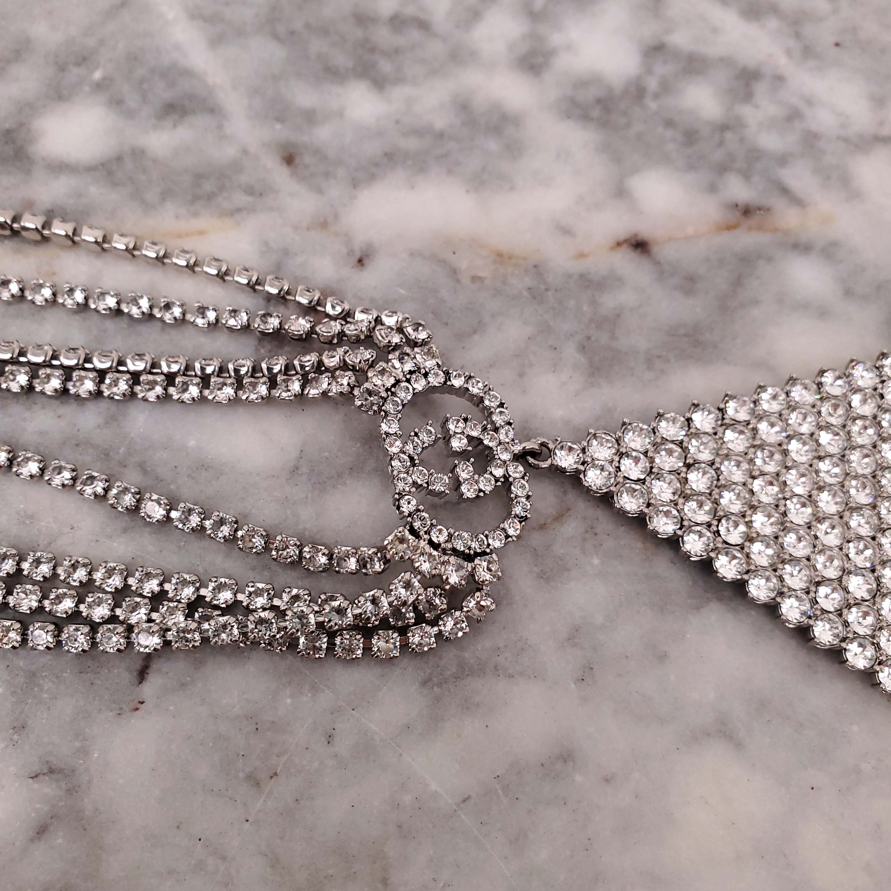 GUCCI CRYSTAL LOGO TRIANGLE FRINGE NECKLACE