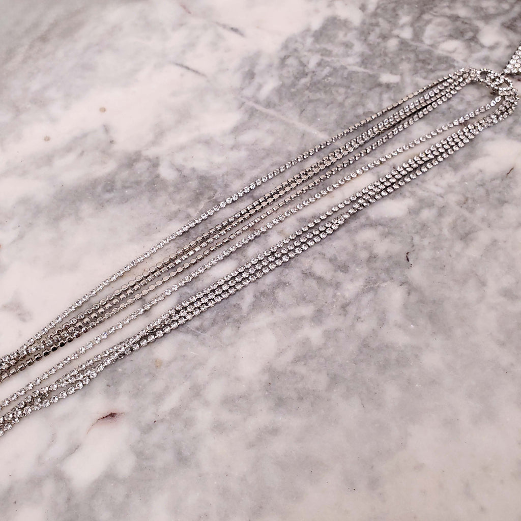 GUCCI CRYSTAL LOGO TRIANGLE FRINGE NECKLACE