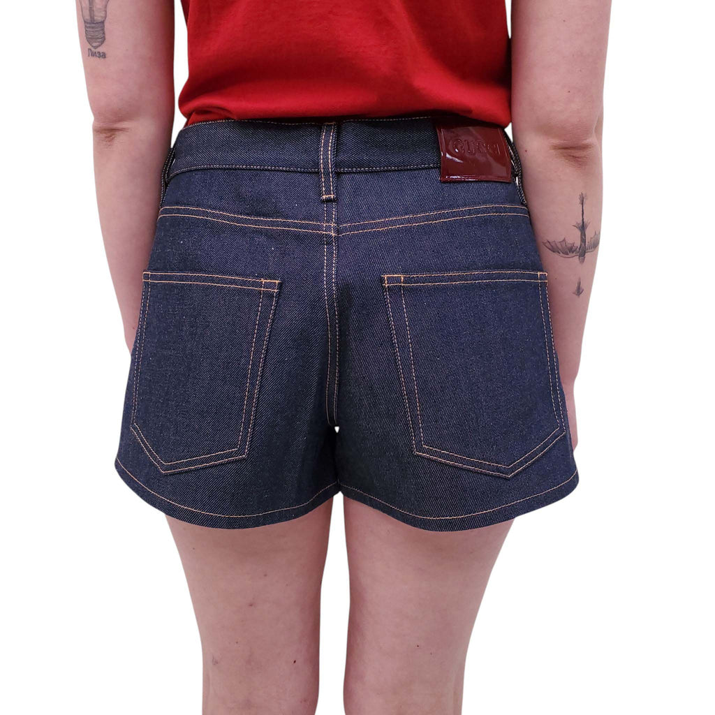 GUCCI DARK WASH DENIM SHORTS WITH LOGO - SIZE 28