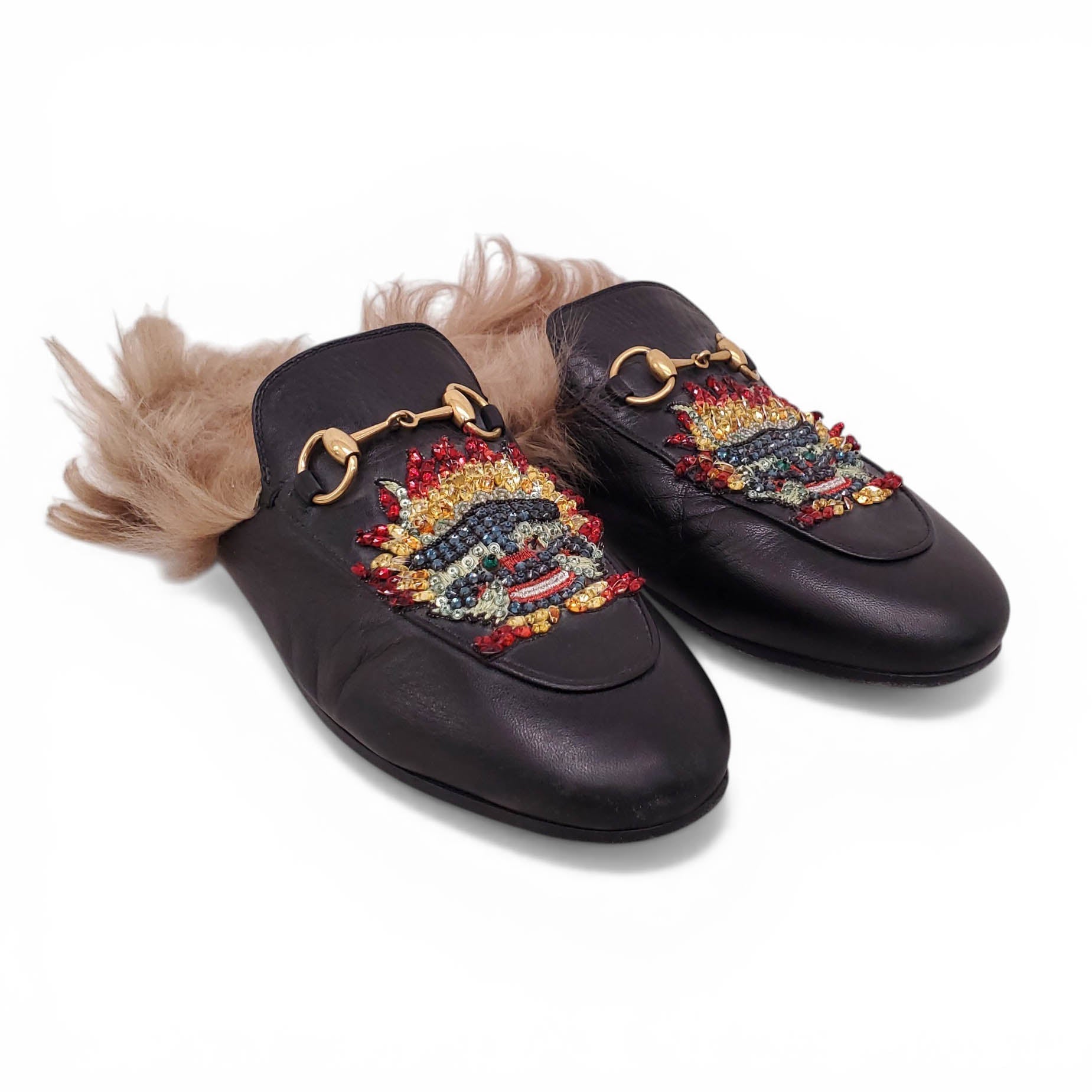 GUCCI FUR LOAFERS WITH HORSEBIT DETAIL - SIZE 36