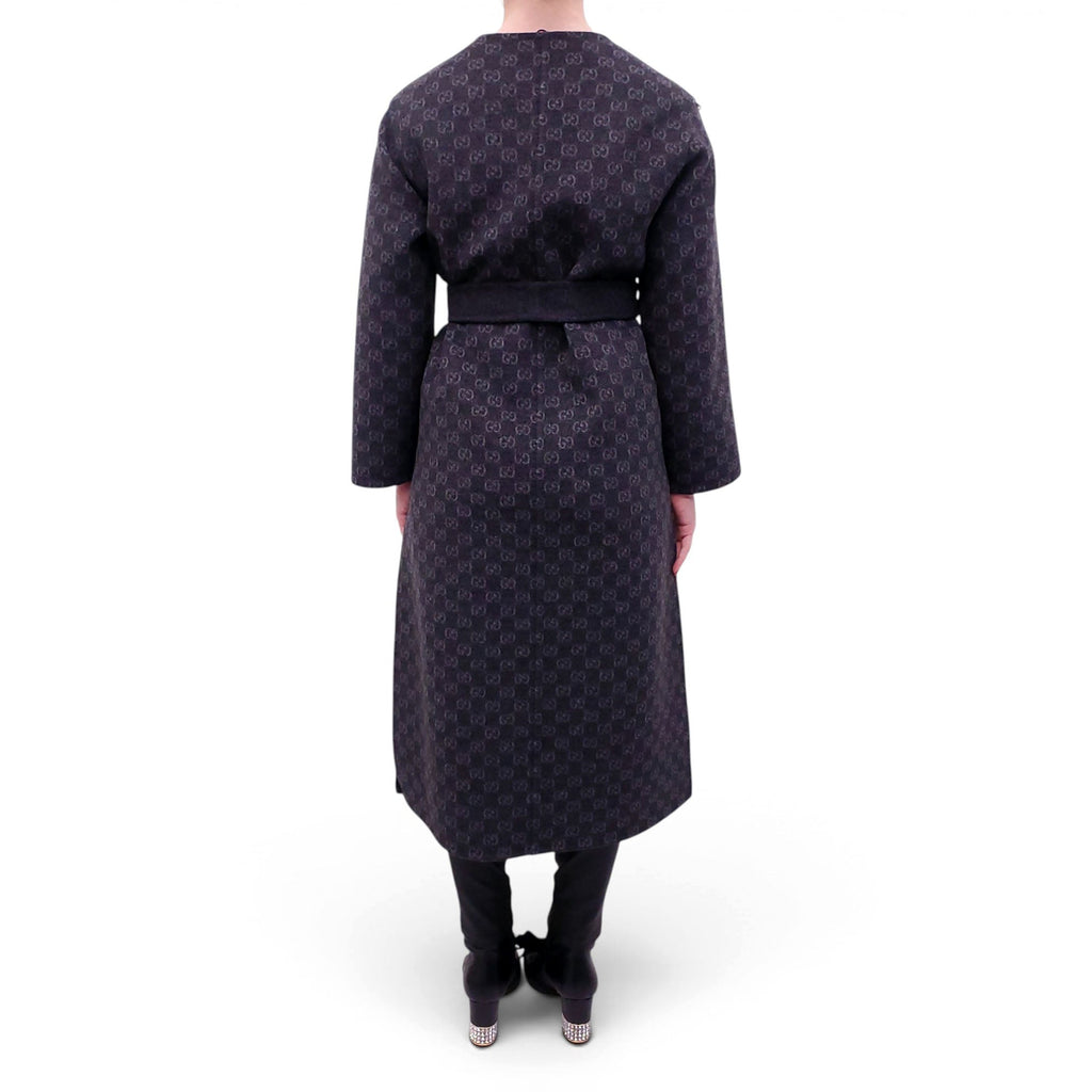 GUCCI GREY REVERSIBLE WOOL BLEND GG LOGO COAT WITH BELT - SIZE 36
