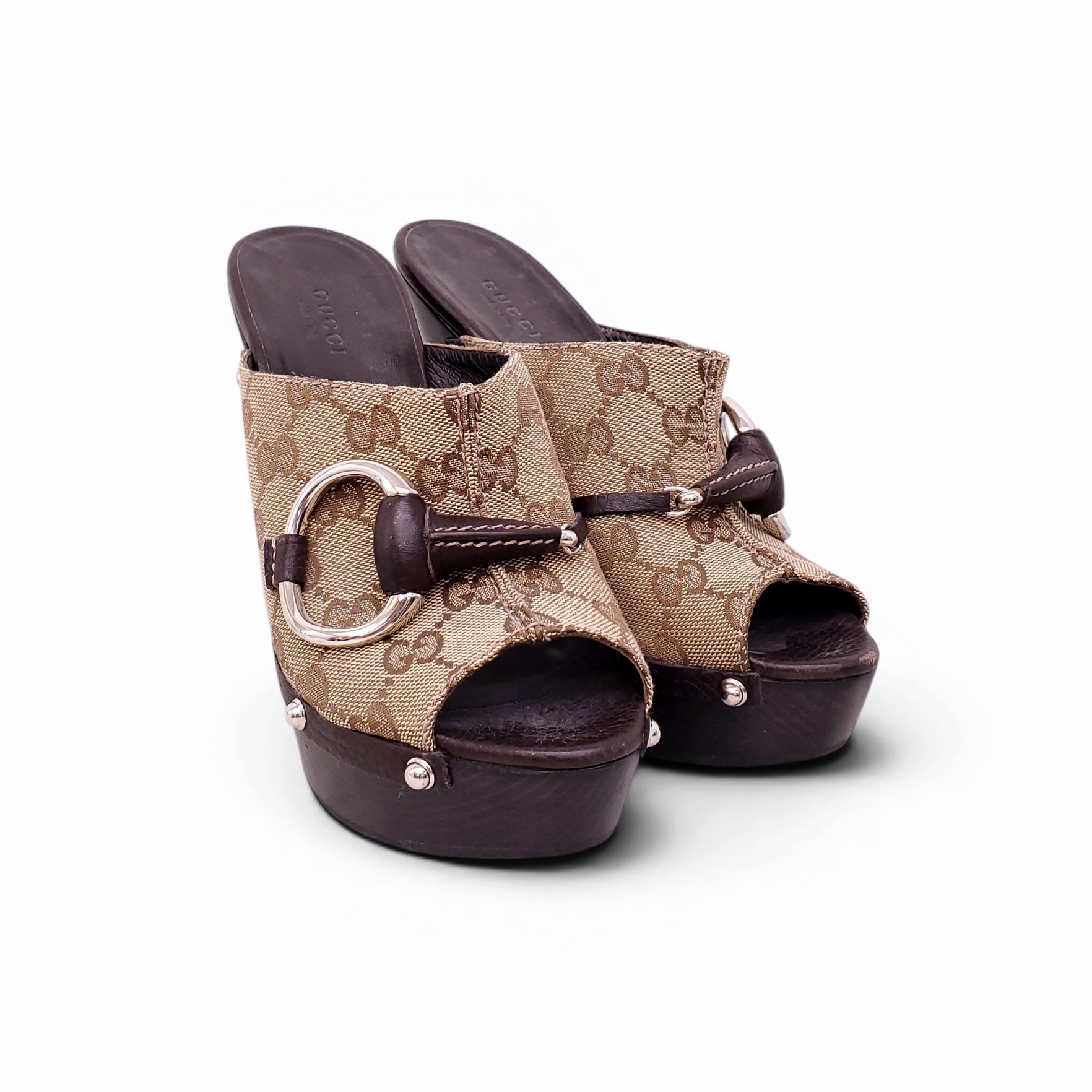 GUCCI MONOGRAM CANVAS HORSEBIT MULES - SIZE 37