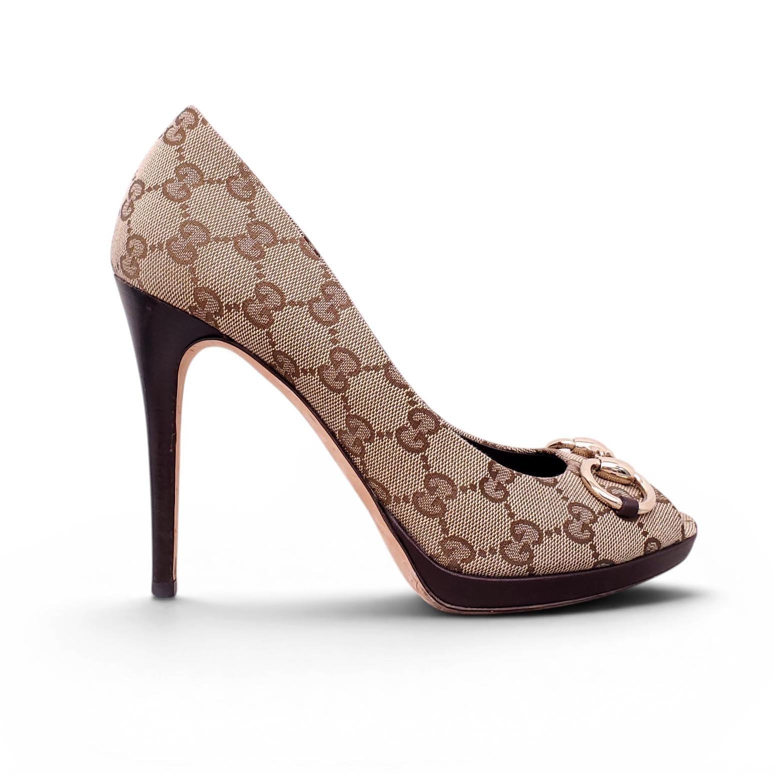 GUCCI MONOGRAM CANVAS PEEP-TOE HEELS - SIZE 38