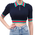 GUCCI NAVY RIBBED SHORT SLEEVE SWEATER WITH GREEN AND RED RIBBON - SIZE XS