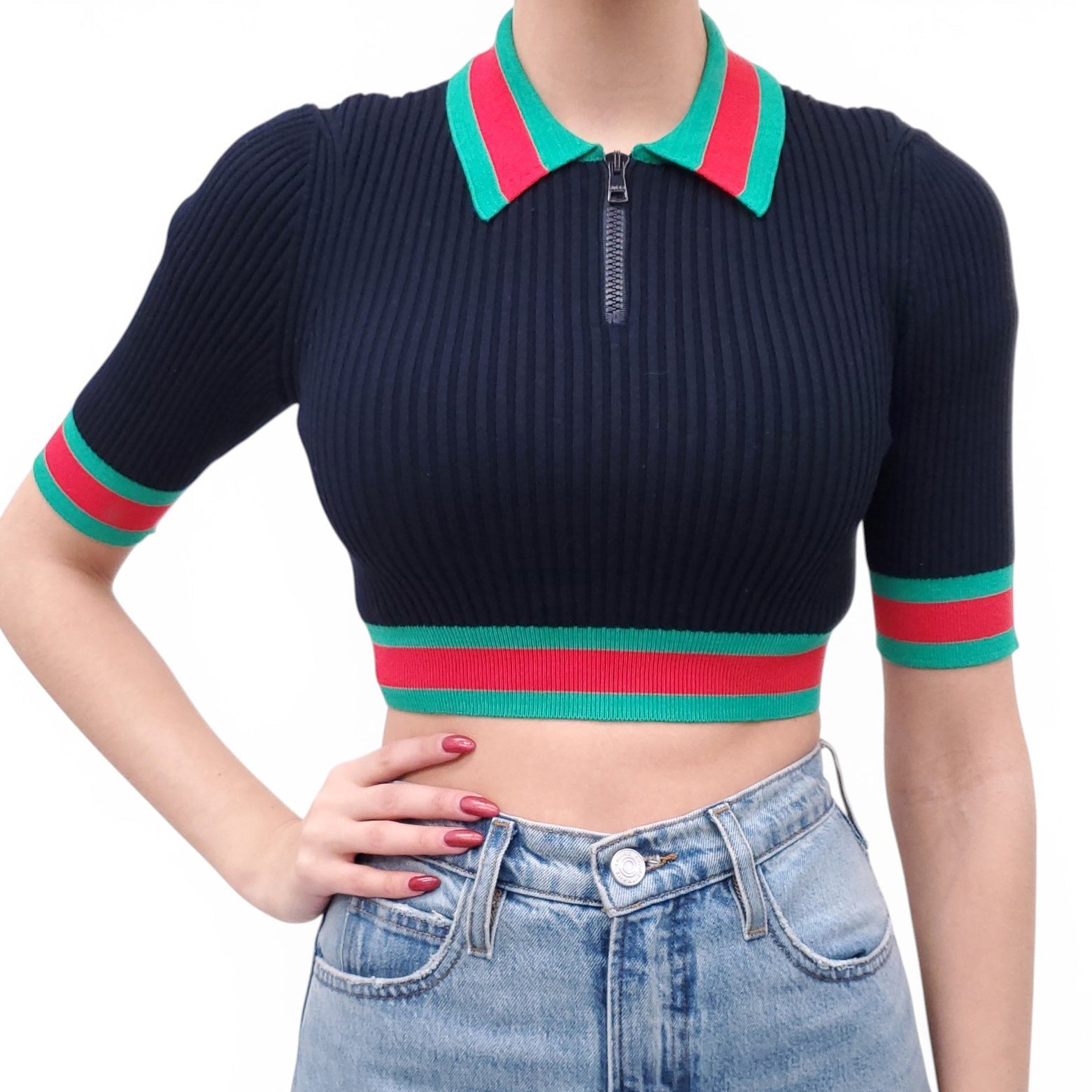 GUCCI NAVY RIBBED SHORT SLEEVE SWEATER WITH GREEN AND RED RIBBON - SIZE XS