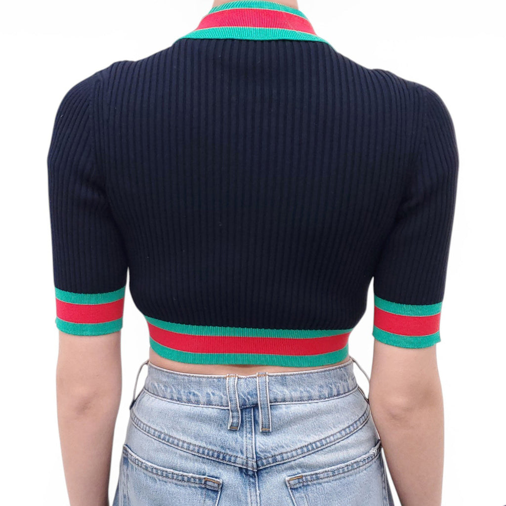 GUCCI NAVY RIBBED SHORT SLEEVE SWEATER WITH GREEN AND RED RIBBON - SIZE XS