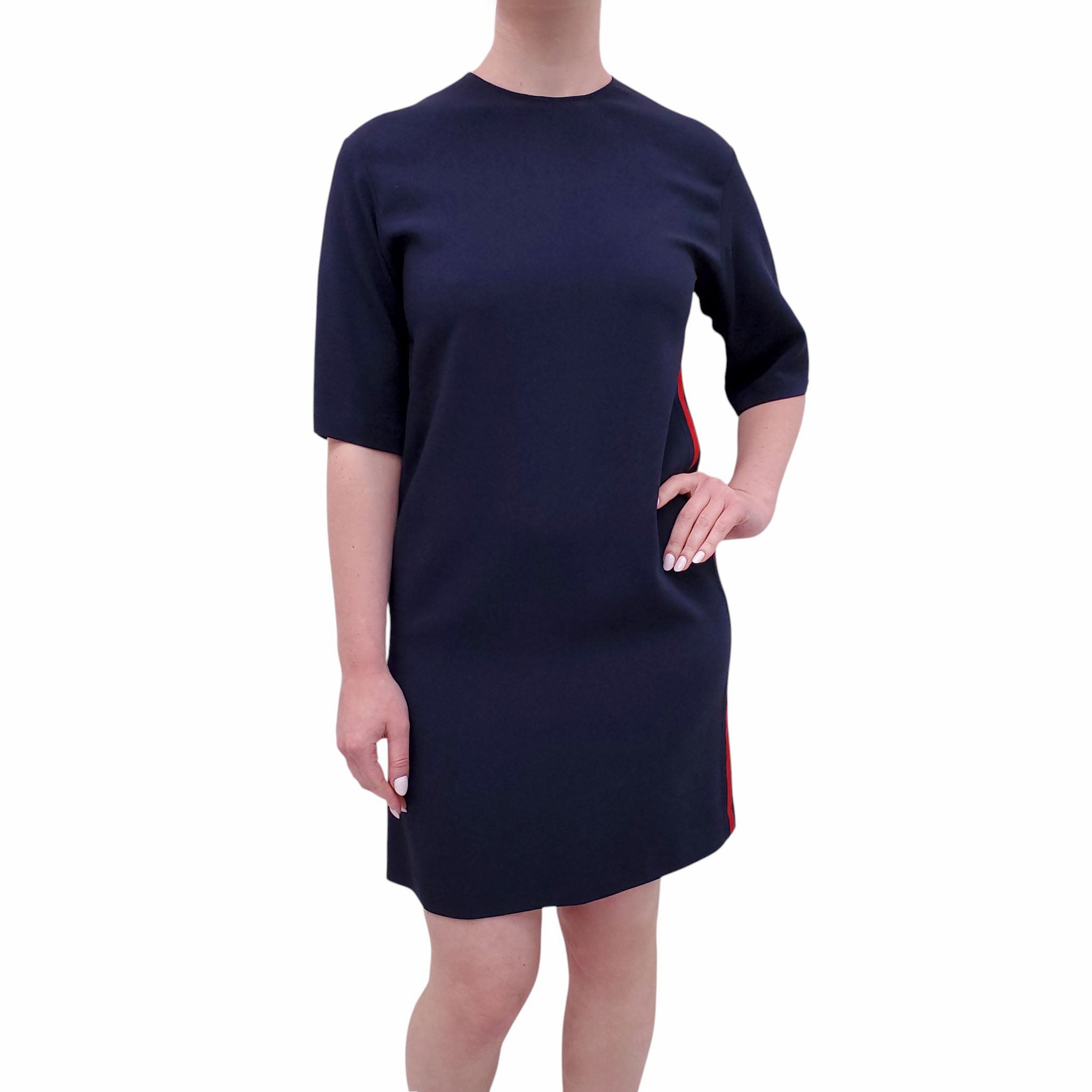 GUCCI NAVY SHORT SLEEVE DRESS WITH WEB DETAIL - SIZE 38
