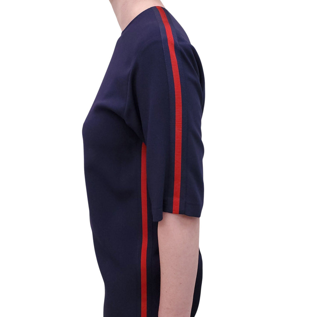 GUCCI NAVY SHORT SLEEVE DRESS WITH WEB DETAIL - SIZE 38