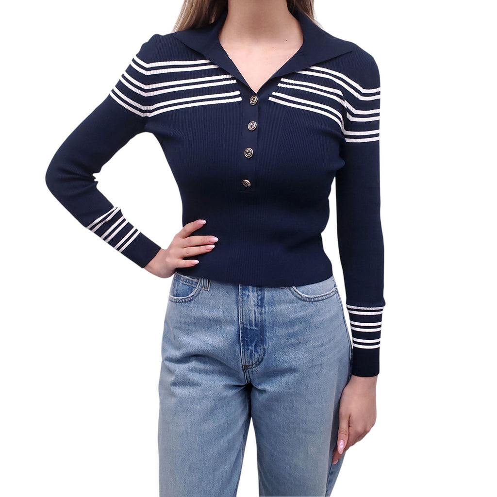 GUCCI NAVY STRIPED LONG SLEEVE POLO WITH LOGO BUTTONS - SIZE XS
