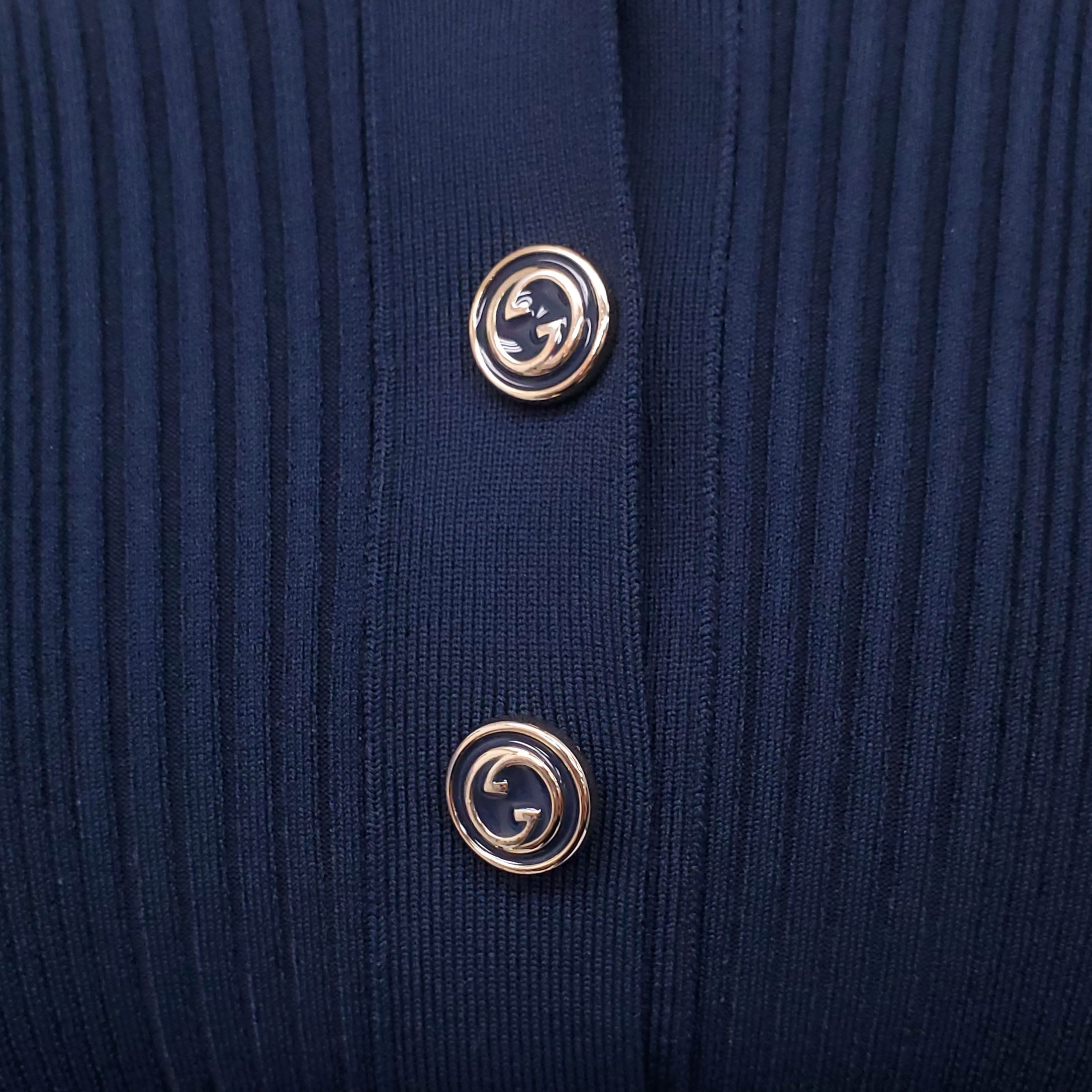 GUCCI NAVY STRIPED LONG SLEEVE POLO WITH LOGO BUTTONS - SIZE XS