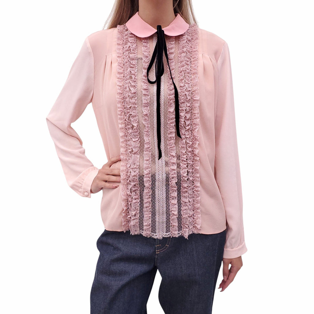 GUCCI PINK SILK TUXEDO BLOUSE WITH BOW DETAIL - SIZE 44