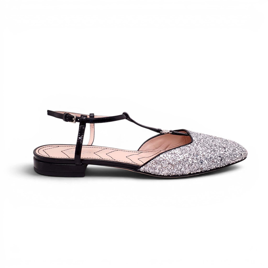 GUCCI SILVER GLITTER STRAPPY FLATS - SIZE 38.5