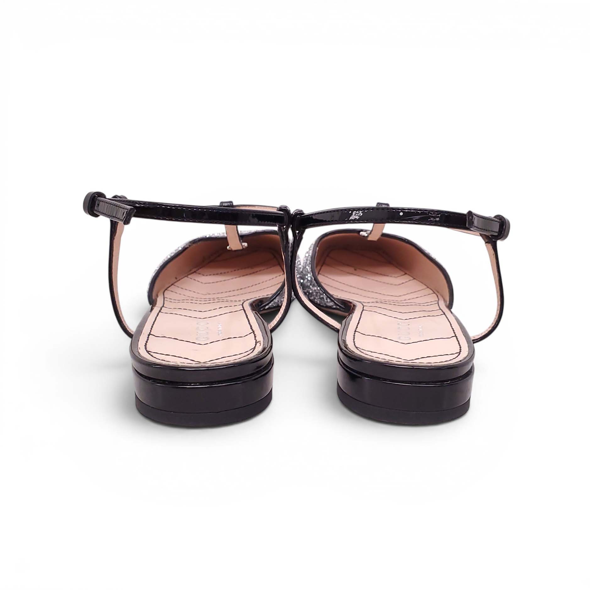 GUCCI SILVER GLITTER STRAPPY FLATS - SIZE 38.5