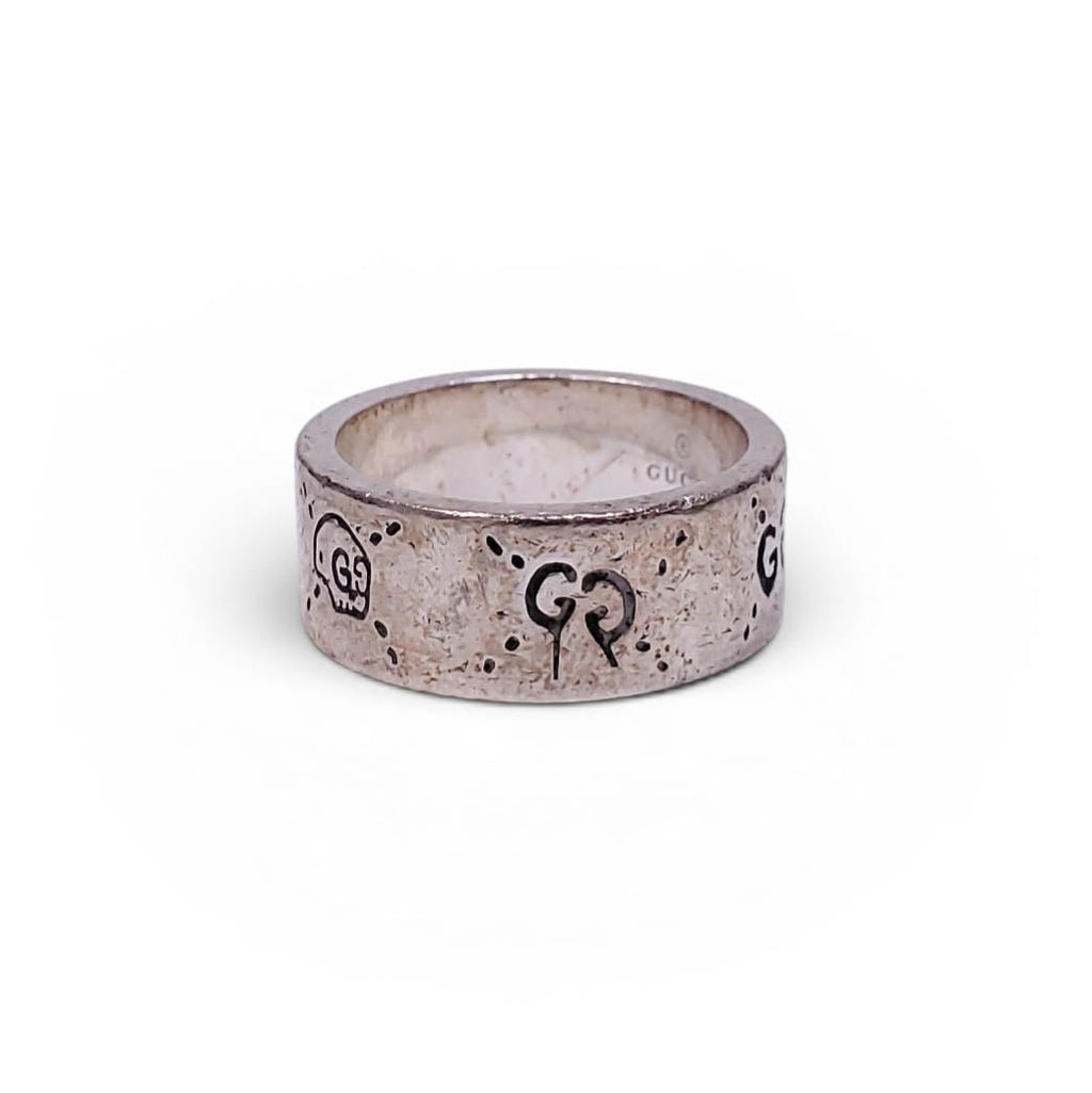 GUCCI STERLING SILVER SKULL LOGO RING - SIZE 9.5