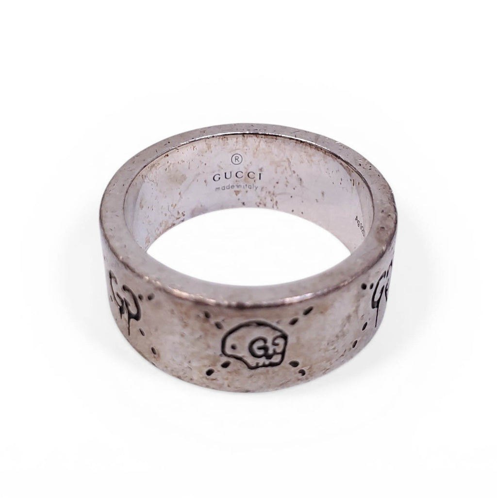 GUCCI STERLING SILVER SKULL LOGO RING - SIZE 9.5