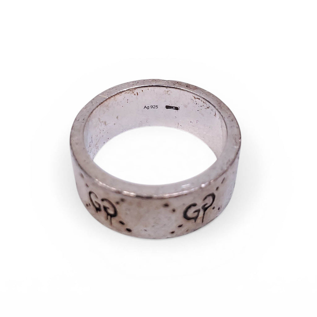GUCCI STERLING SILVER SKULL LOGO RING - SIZE 9.5
