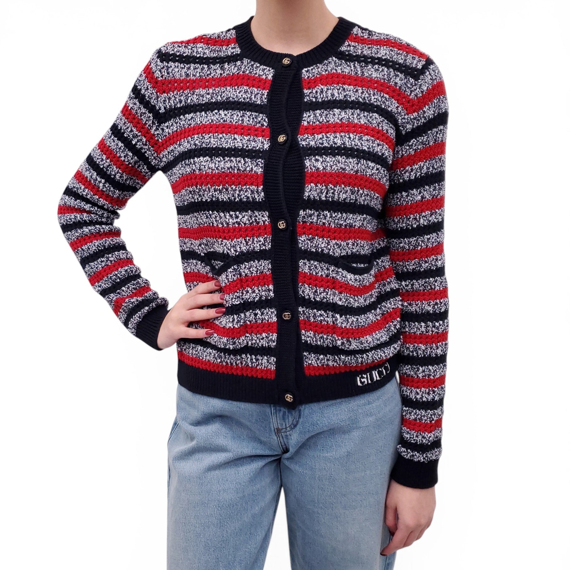 GUCCI STRIPED LOGO CARDIGAN WITH LOGO BUTTONS - SIZE S