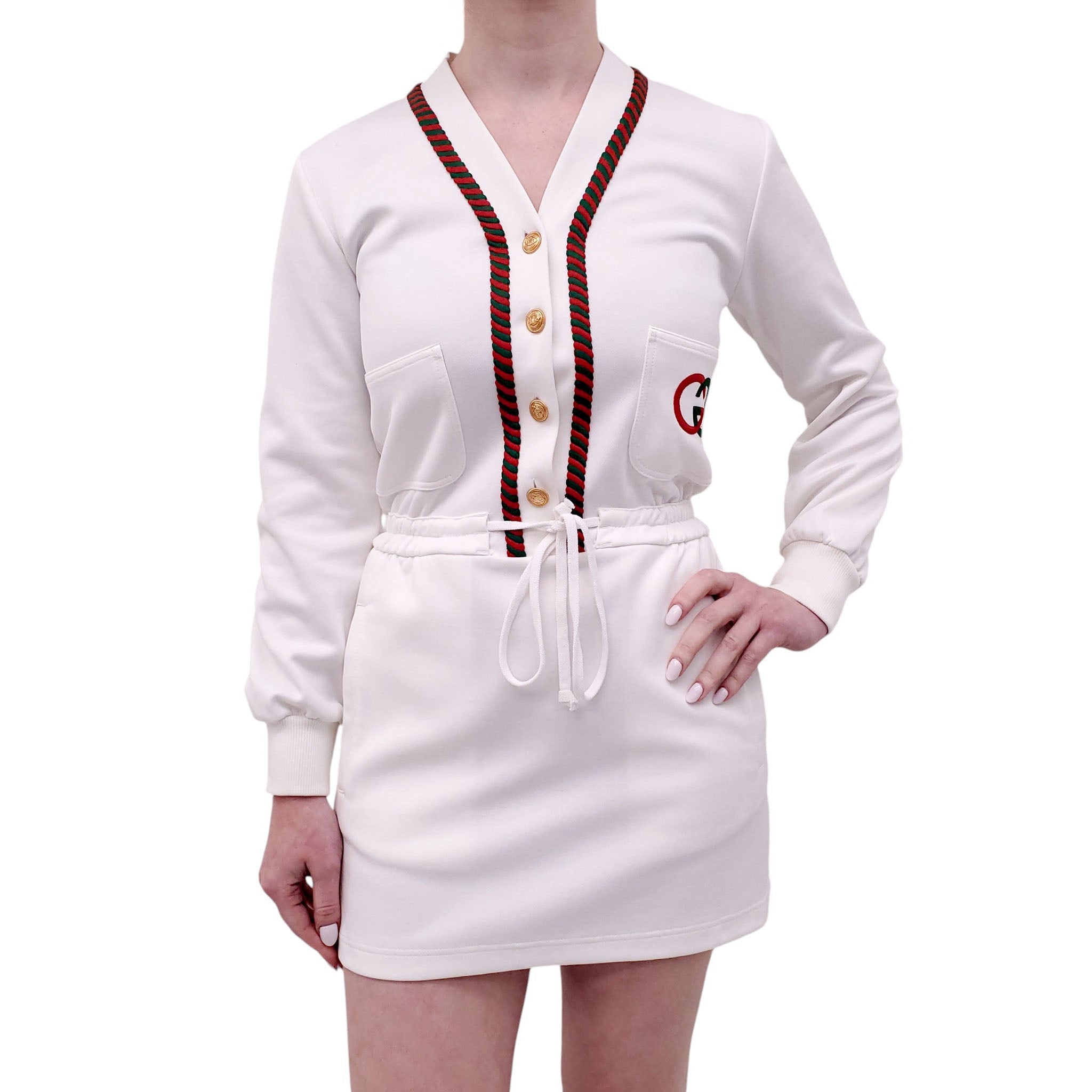 GUCCI WHITE DRESS WITH RED AND GREEN LOGO - SIZE XS