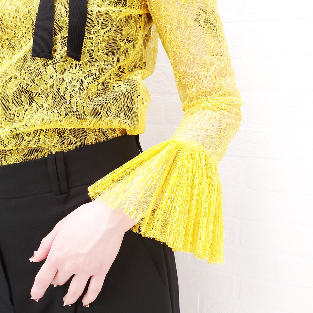 GUCCI YELLOW LACE BLOUSE WITH BLACK RIBBON DETAIL - SIZE 38