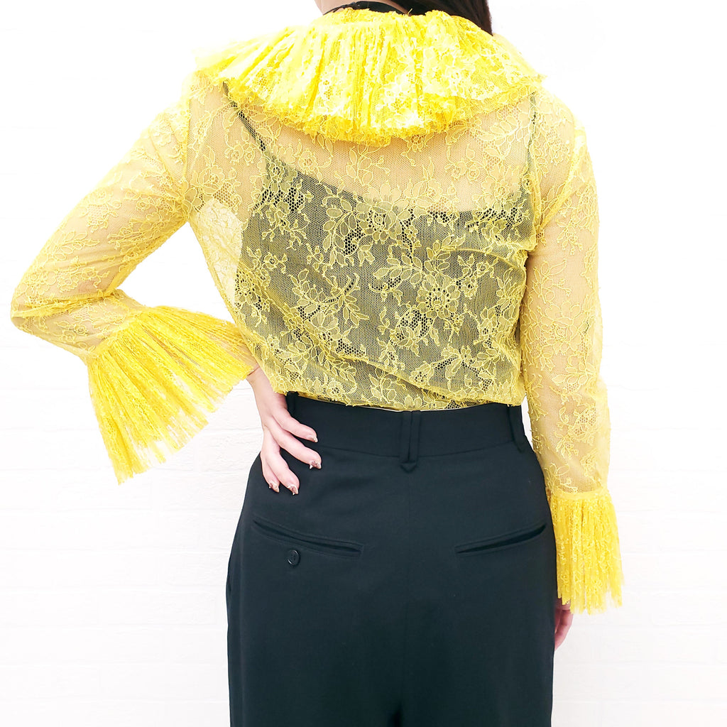 GUCCI YELLOW LACE BLOUSE WITH BLACK RIBBON DETAIL - SIZE 38