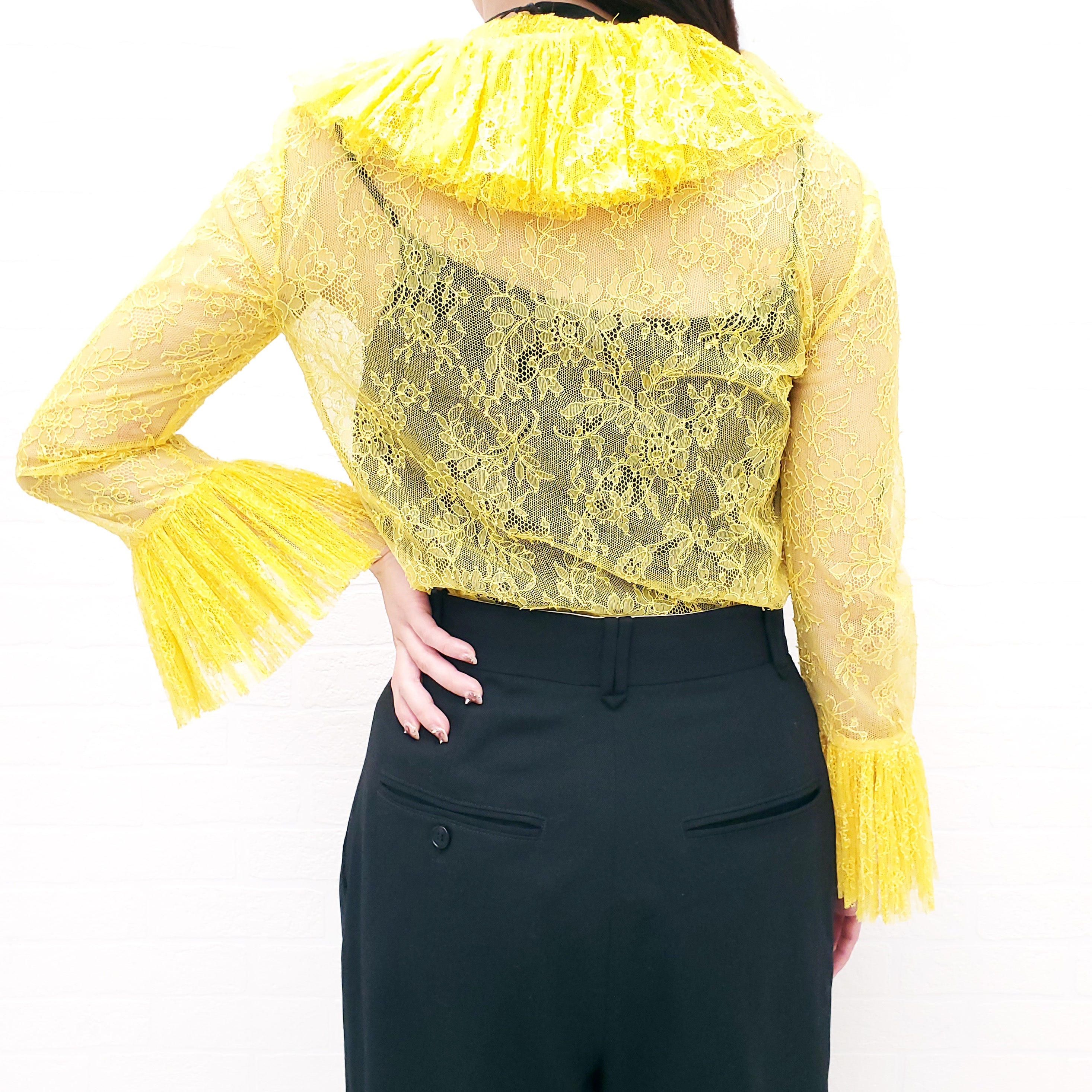 GUCCI YELLOW LACE BLOUSE WITH BLACK RIBBON DETAIL - SIZE 38