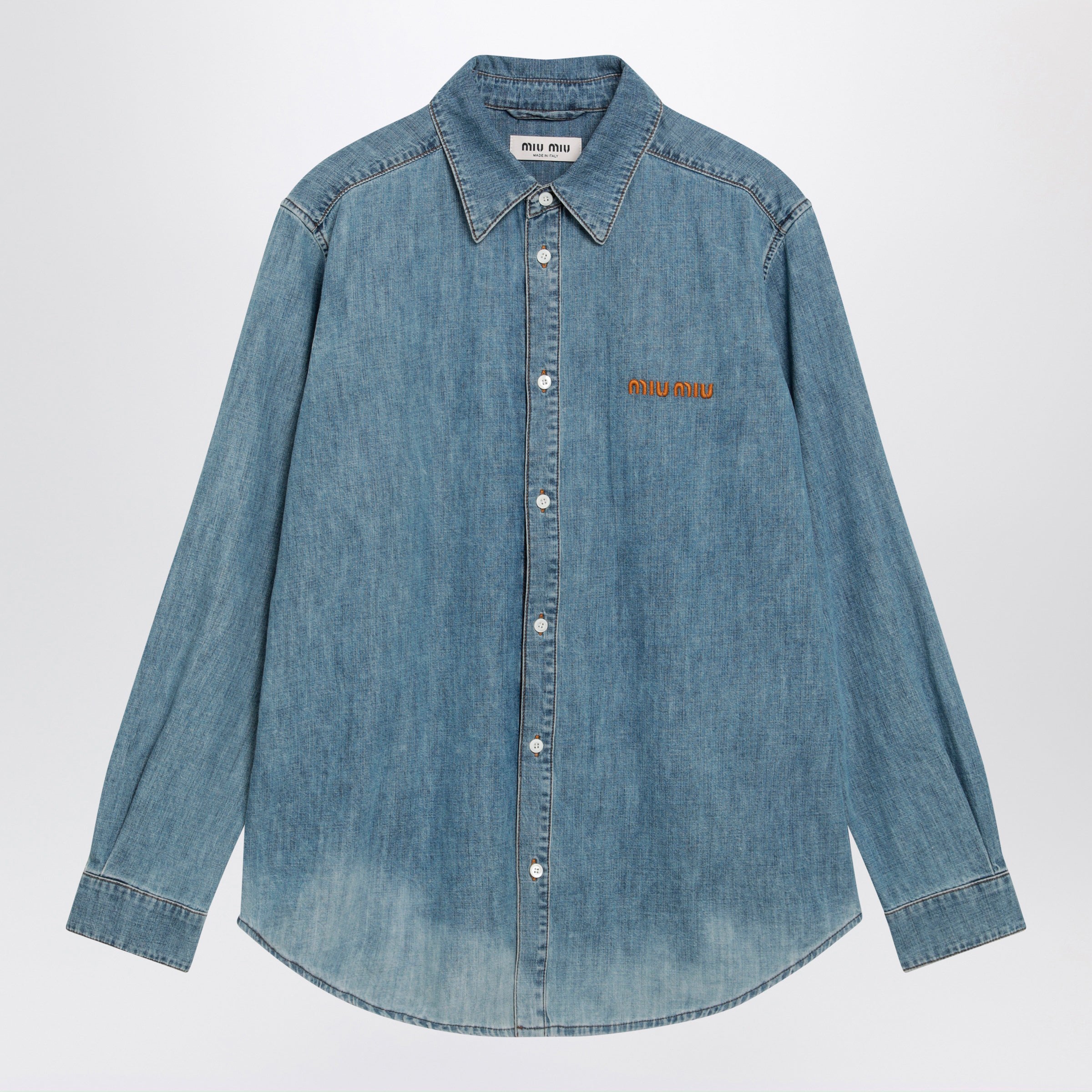 Miu Miu Bleached Cotton Chambray Shirt In Light Blue Women