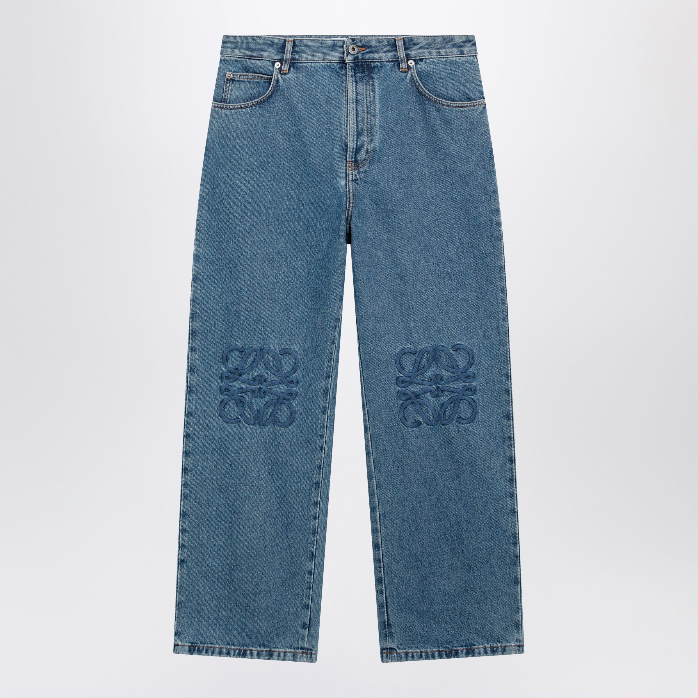 Loewe Baggy Anagram Embroidered Jeans In Washed Cotton Denim, Blue Men