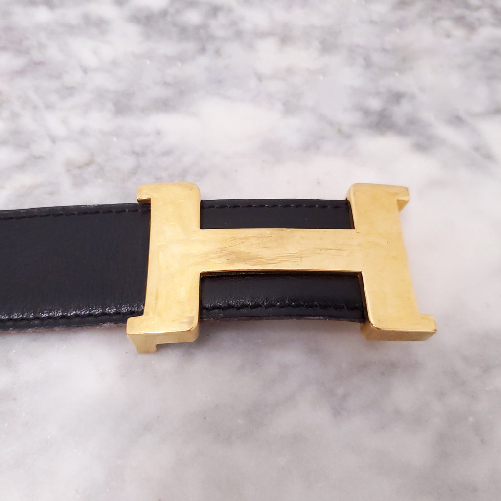HERMÈS BLACK AND BURGUNDY LEATHER REVERSIBLE H BELT - SIZE 80