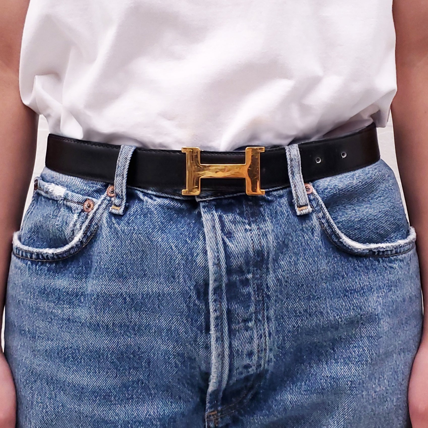 HERMÈS BLACK AND BURGUNDY LEATHER REVERSIBLE H BELT - SIZE 80