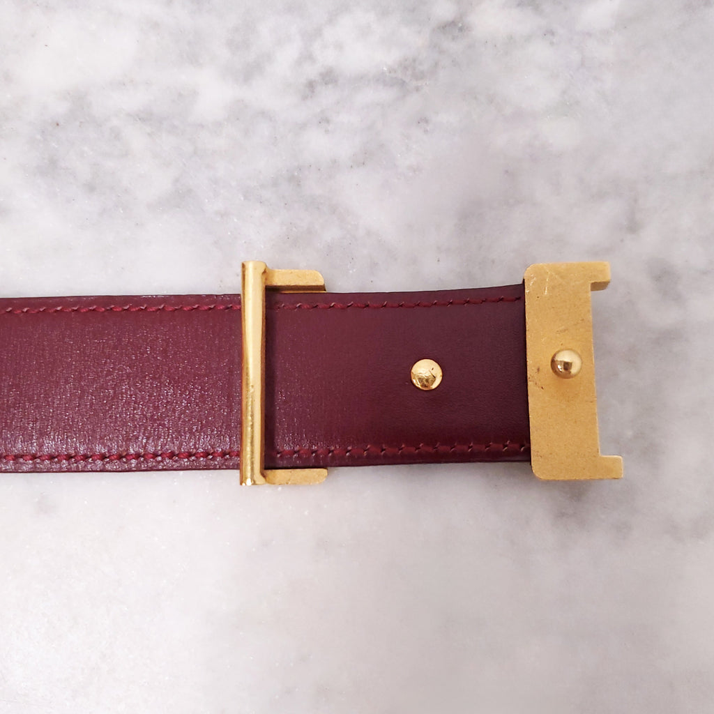 HERMÈS BLACK AND BURGUNDY LEATHER REVERSIBLE H BELT - SIZE 80