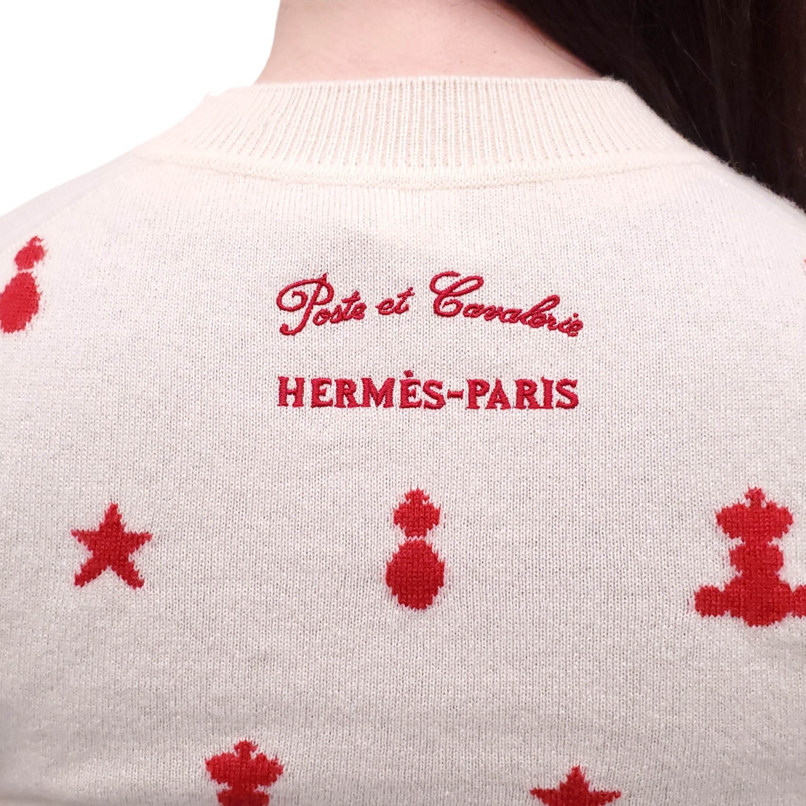 HERMÈS CREAM CASHMERE EMBROIDERED SHORT SLEEVE SWEATER - SIZE 34