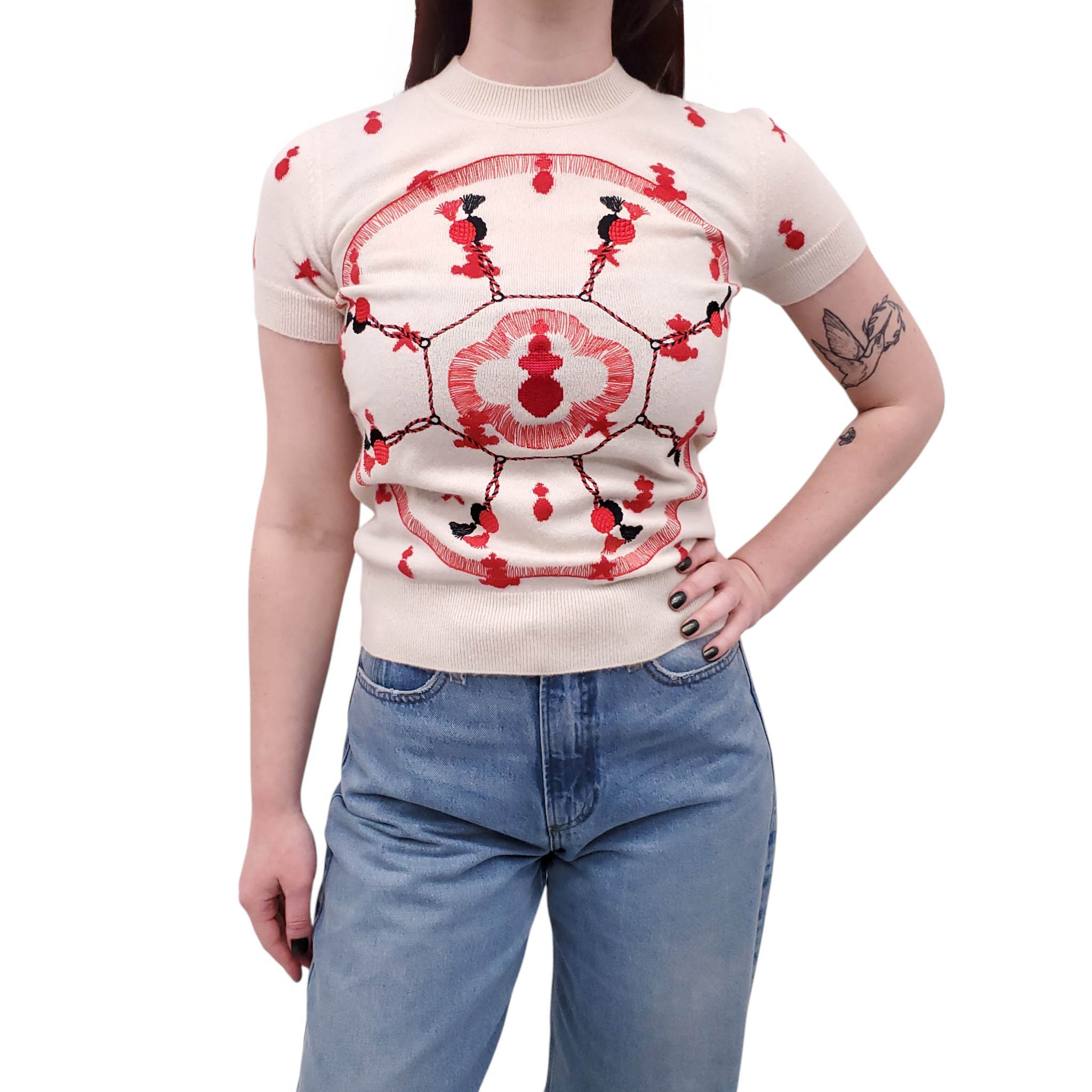 HERMÈS CREAM CASHMERE EMBROIDERED SHORT SLEEVE SWEATER - SIZE 34