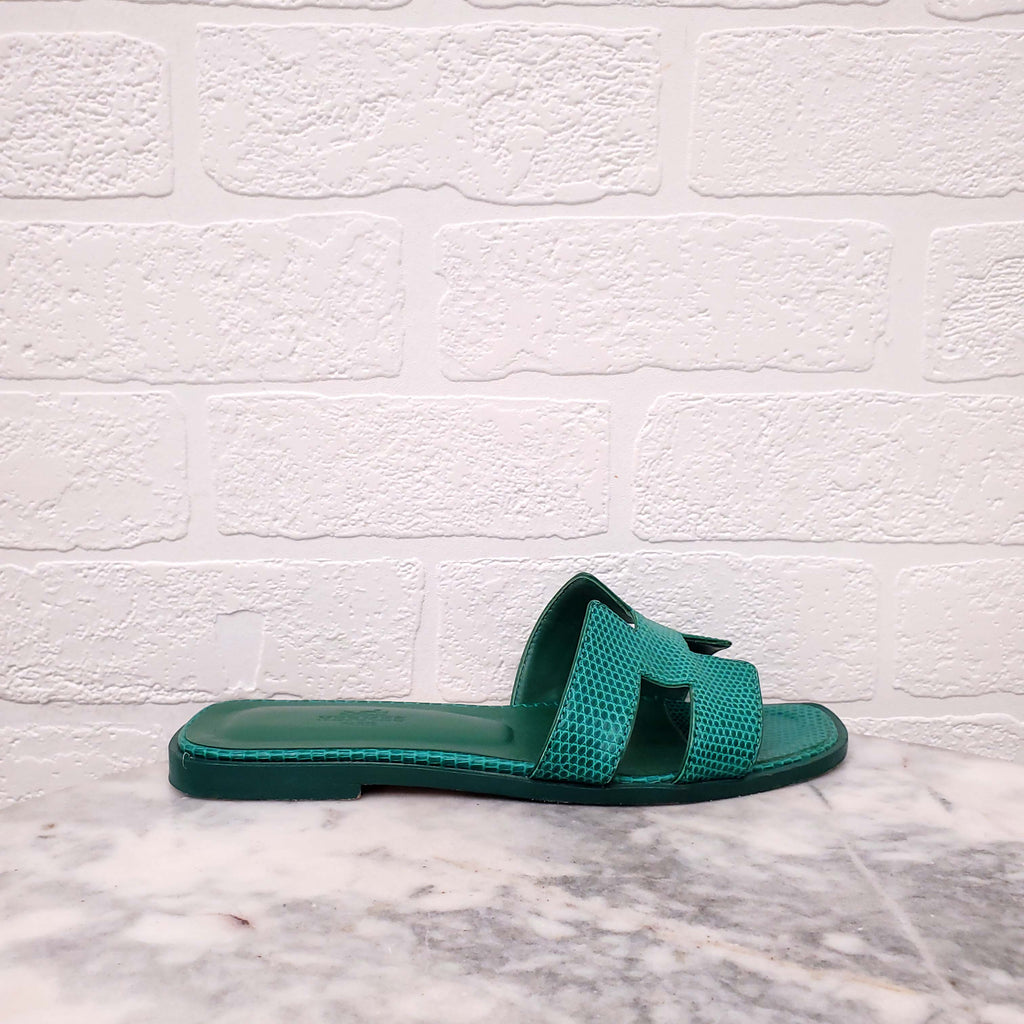 HERMÈS FOREST GREEN LIZARD ORAN SANDALS - SIZE 36
