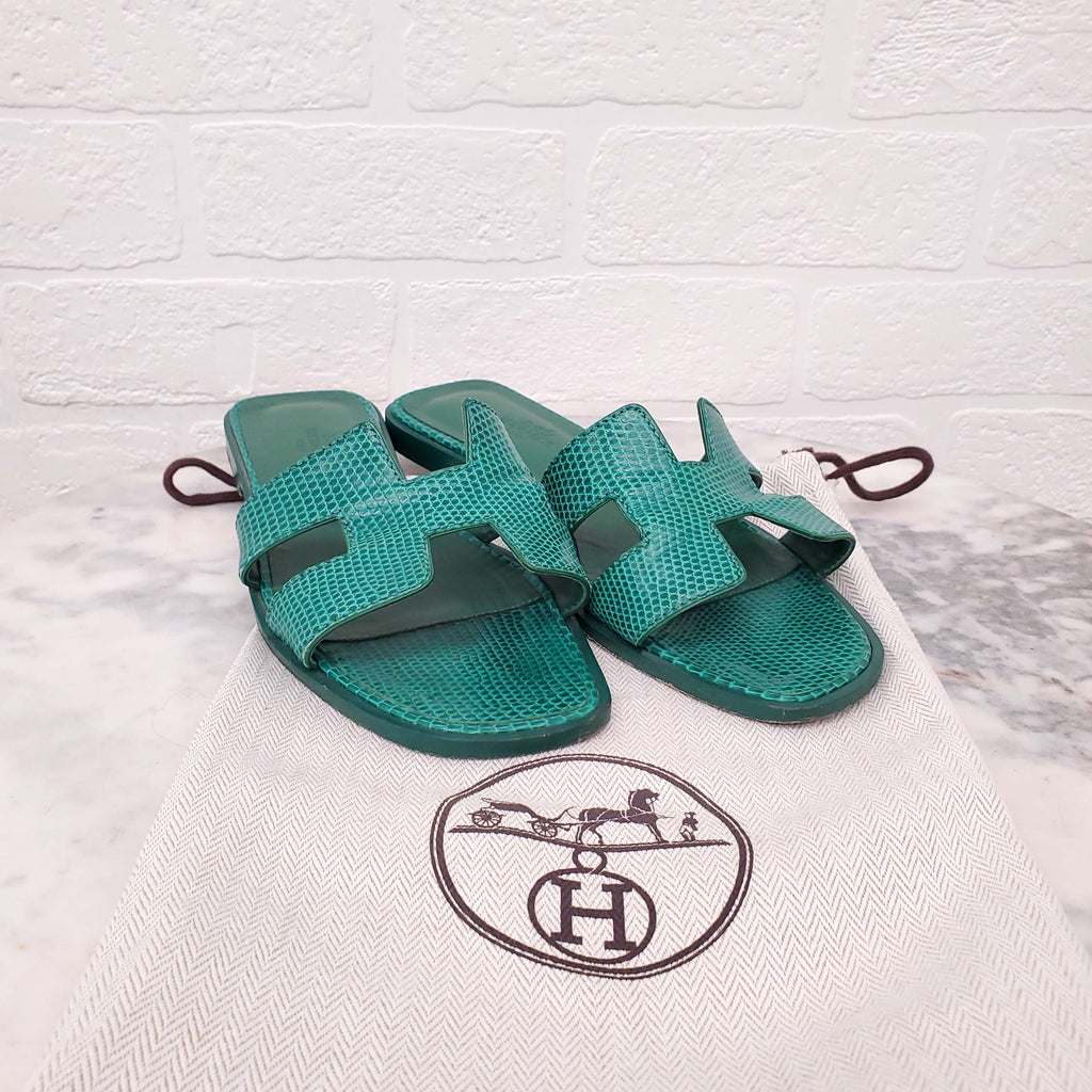 HERMÈS FOREST GREEN LIZARD ORAN SANDALS - SIZE 36